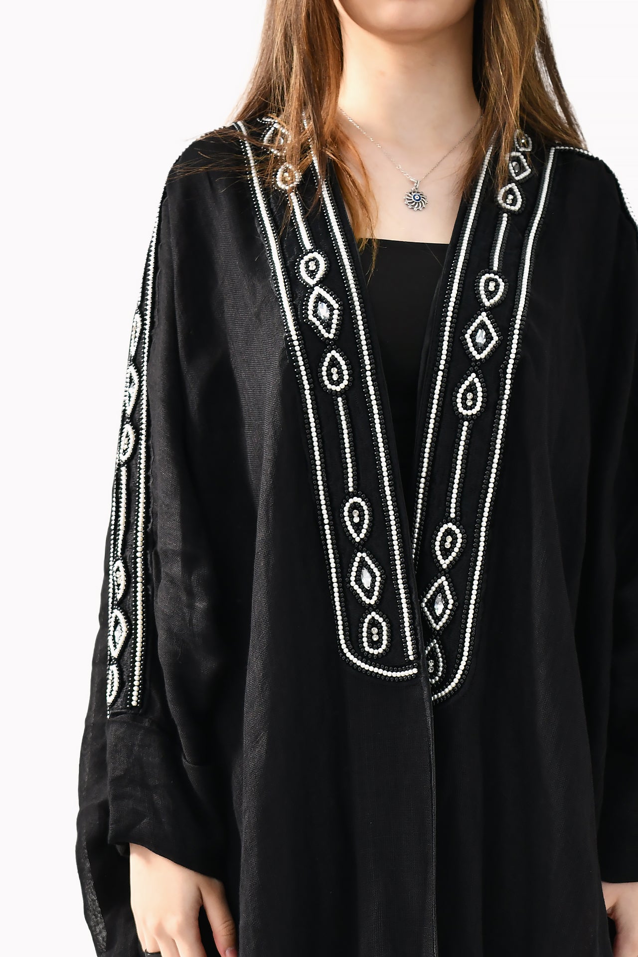 V-neck Embroidery Linen Black Abaya by Misk Abaya