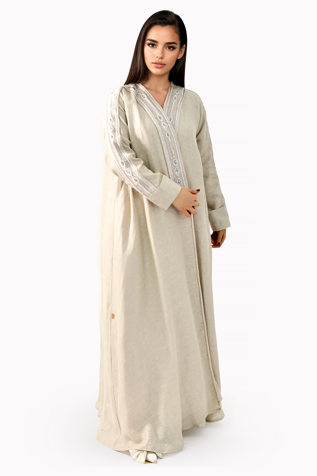 Handmade Embroidery Linen Beige Abaya by Misk Abaya