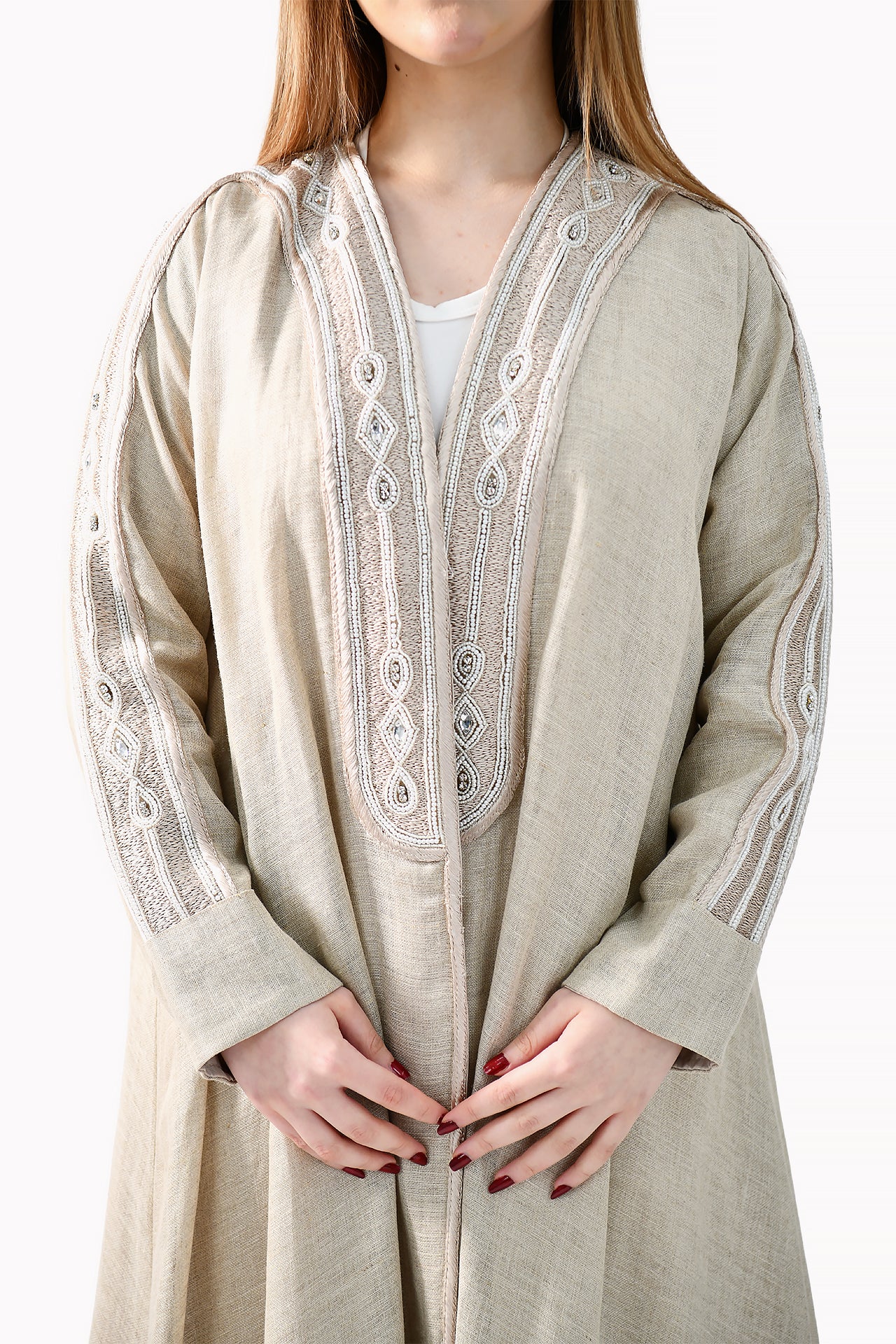 Handmade Embroidery Linen Beige Abaya by Misk Abaya