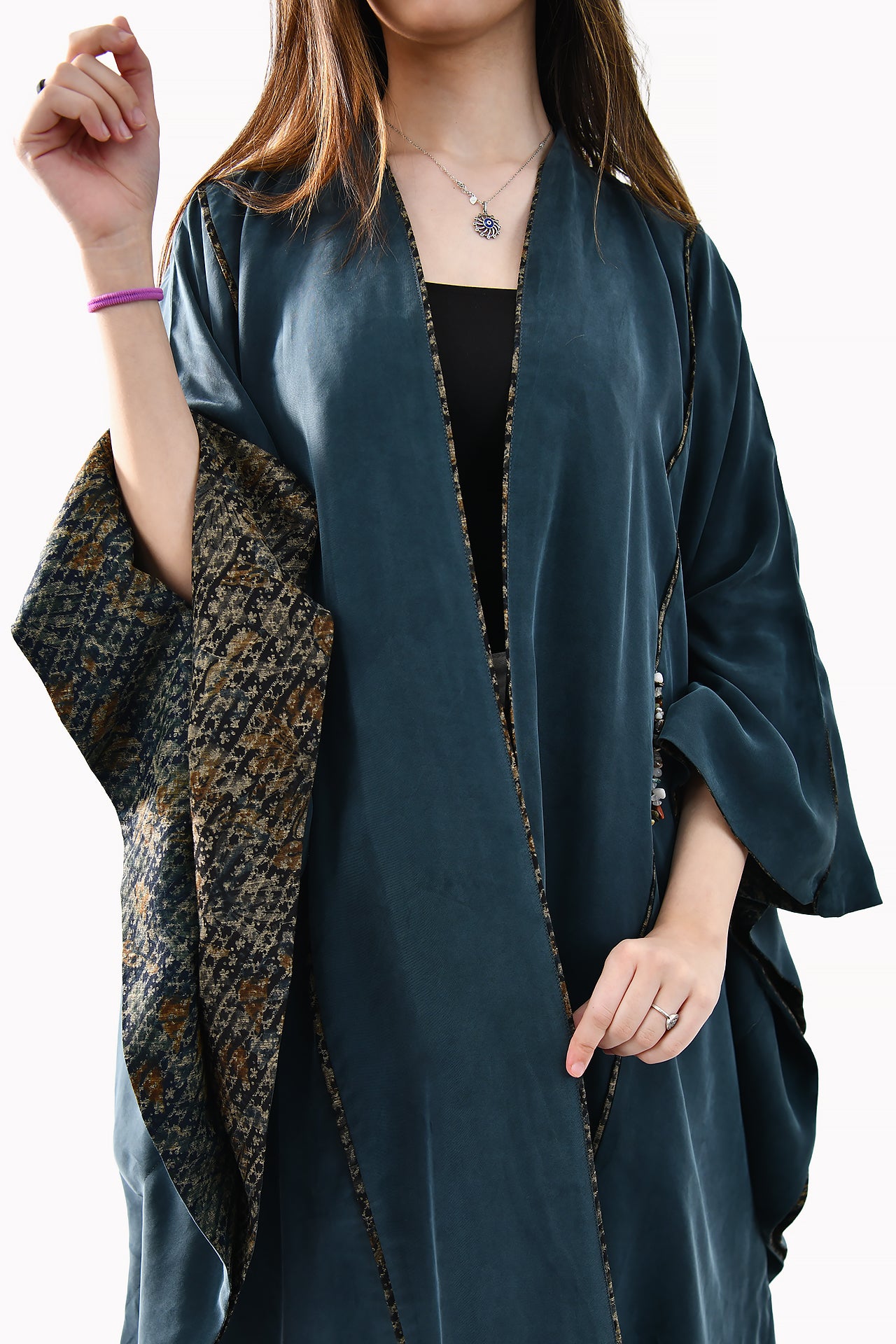 Embroidered Silk Teal Abaya by May Thahab