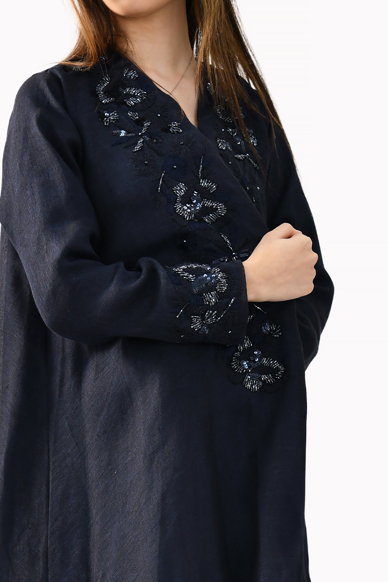Floral Embroidery Linen Navy Blue Abaya by Misk Abaya