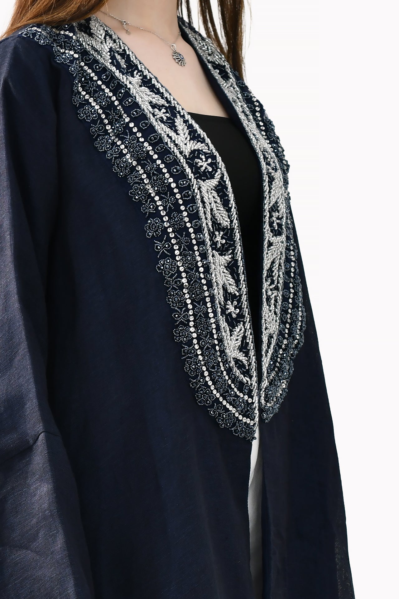 Handmade Embroidery Linen Navy Blue Abaya by Misk Abaya