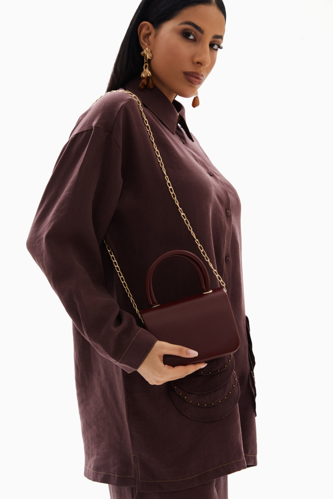 Maroon Mini Top Handle Bag with Chain Strap by WECRE8