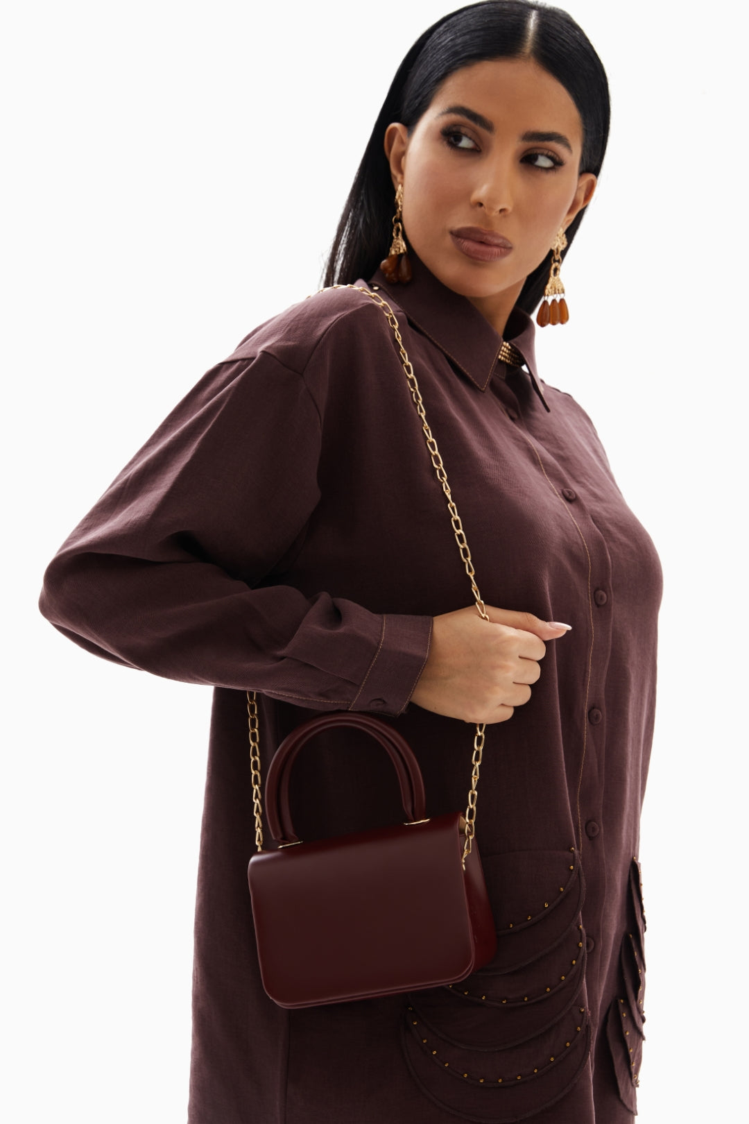 Maroon Mini Top Handle Bag with Chain Strap by WECRE8