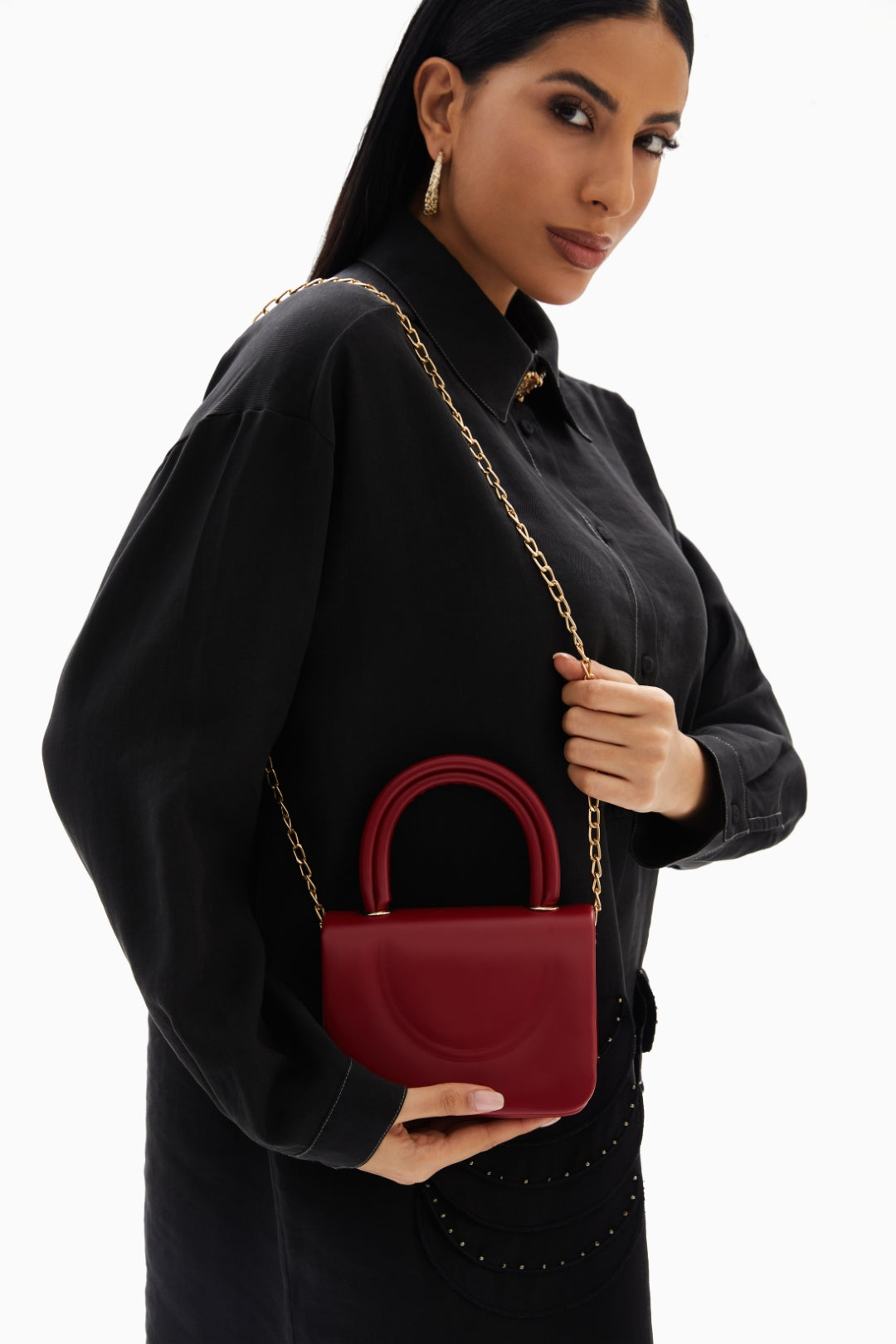 Red Mini Top Handle Bag with Chain Strap