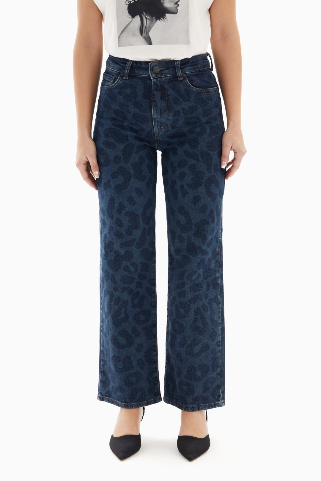 Dark Blue Leopard Print Denim Jeans By WECRE8