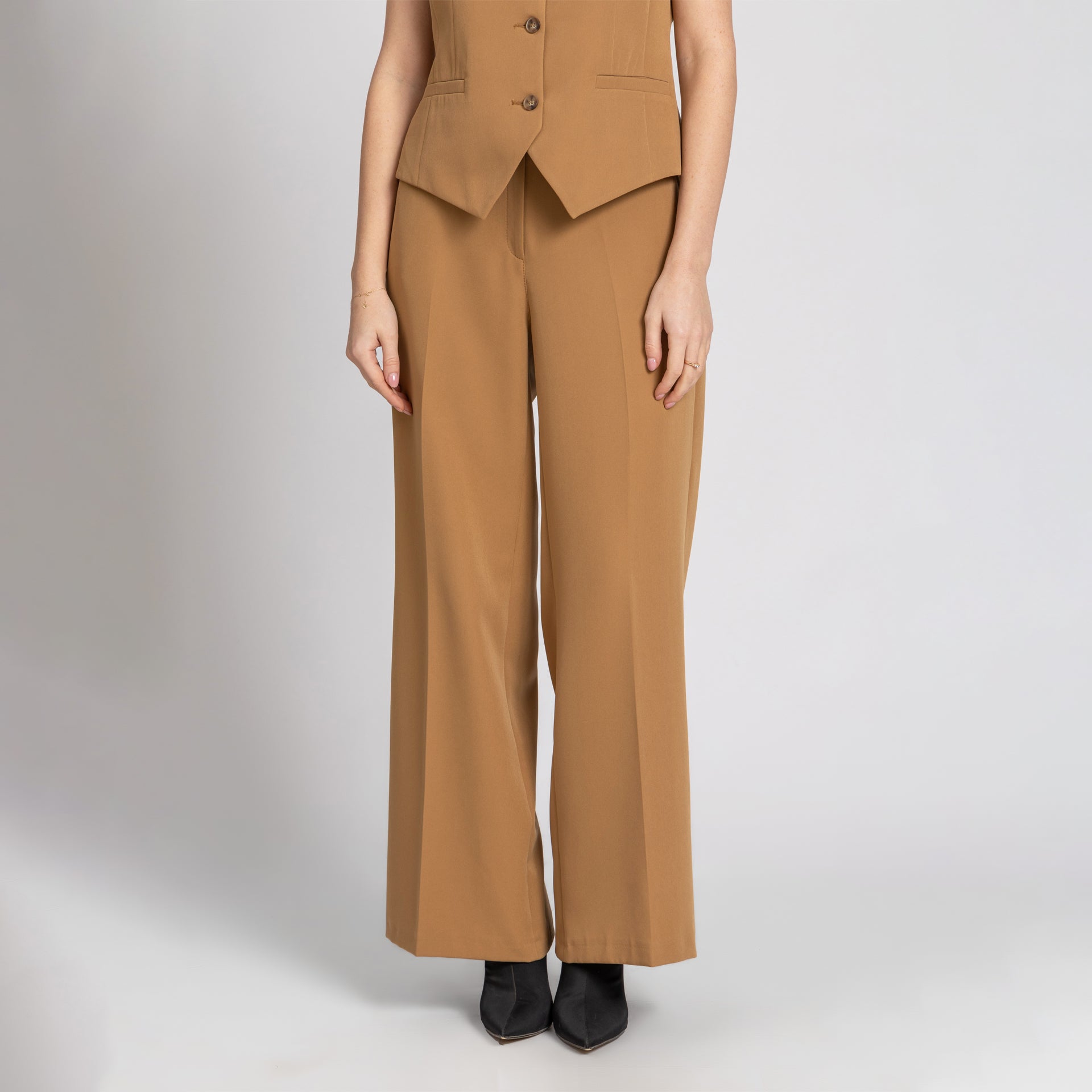 Beige Straight-Cut Formal Crepe Trousers From Elanove