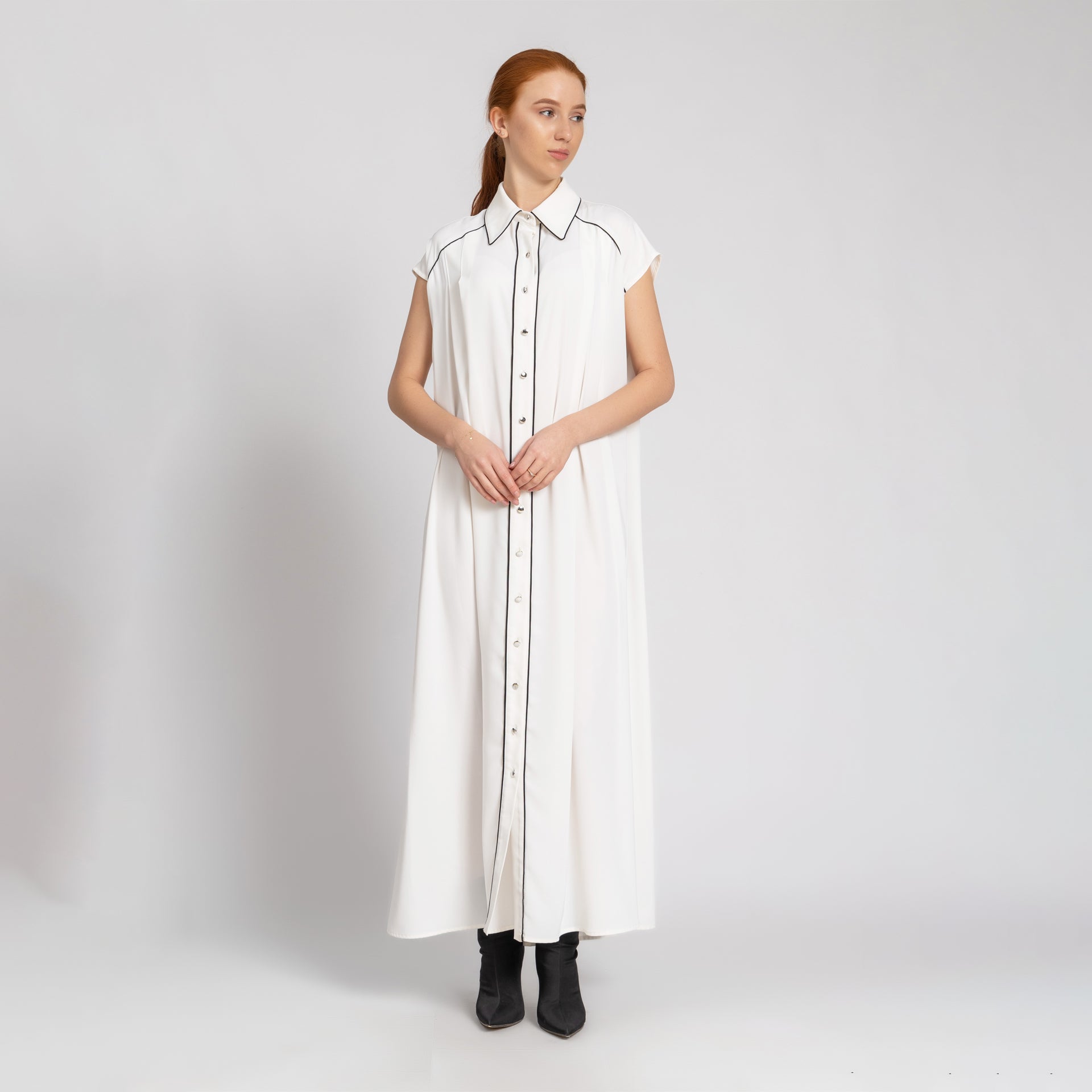 White Long Crepe Dress With Black Trim From Elanove