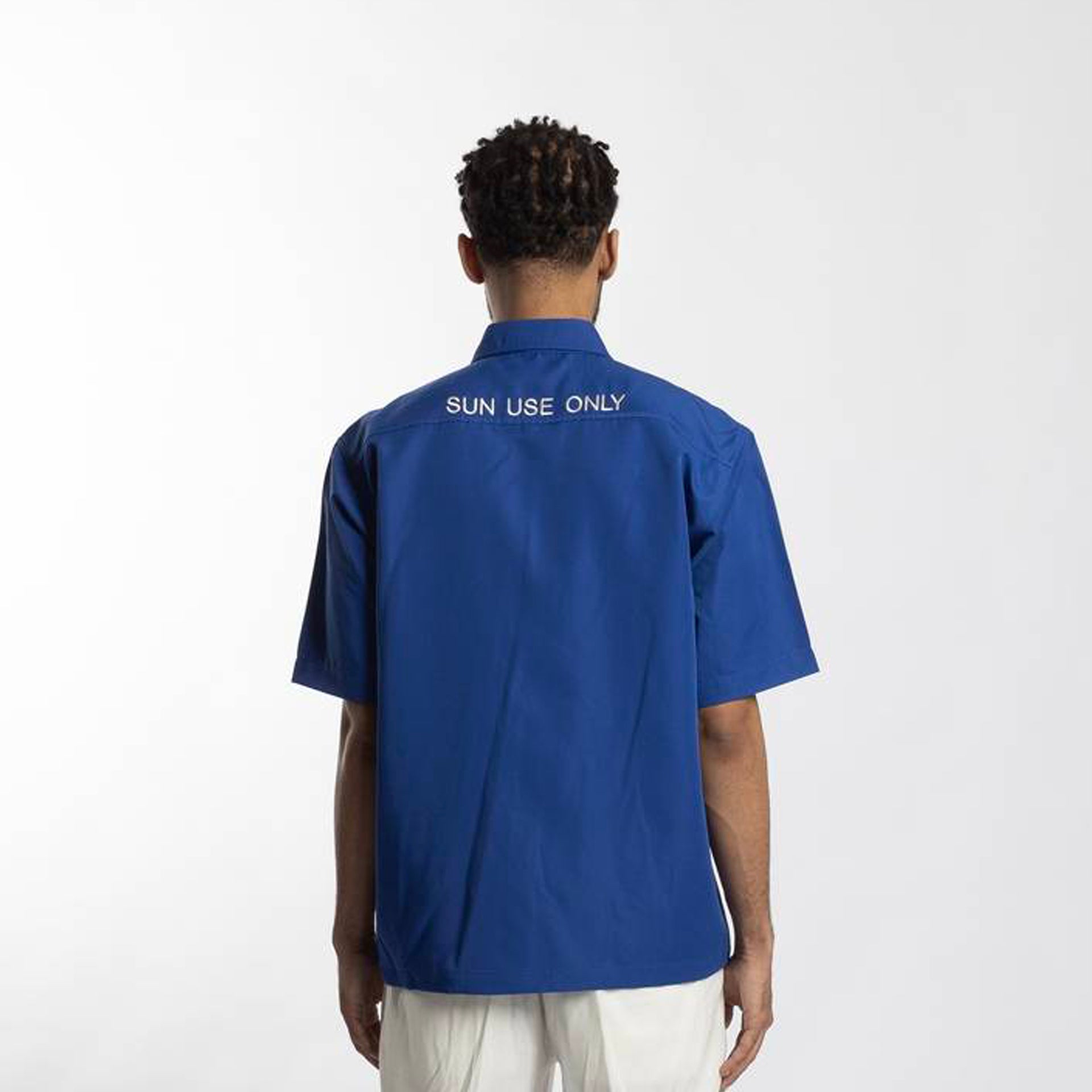 BLUE SHORT-SLEEVE SHIRT With 'Sun Use Only' Typography on the Back From Hajruss