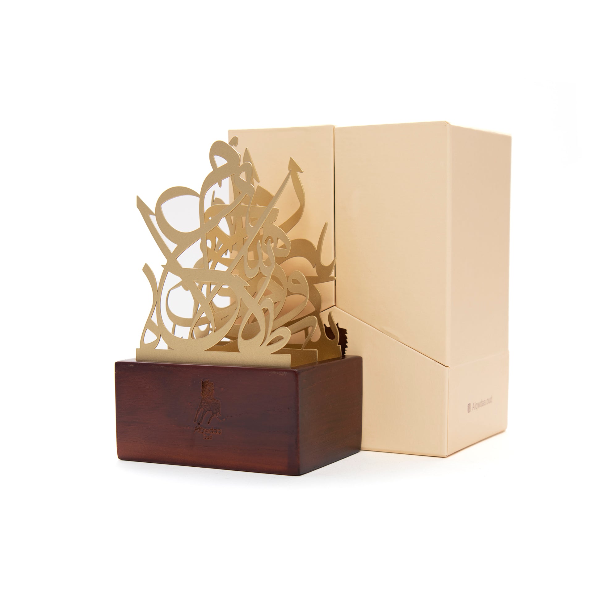 Incense Burner On A Wooden Base With A Gold Cover Of letters By Alqwdaa Oud - WECRE8