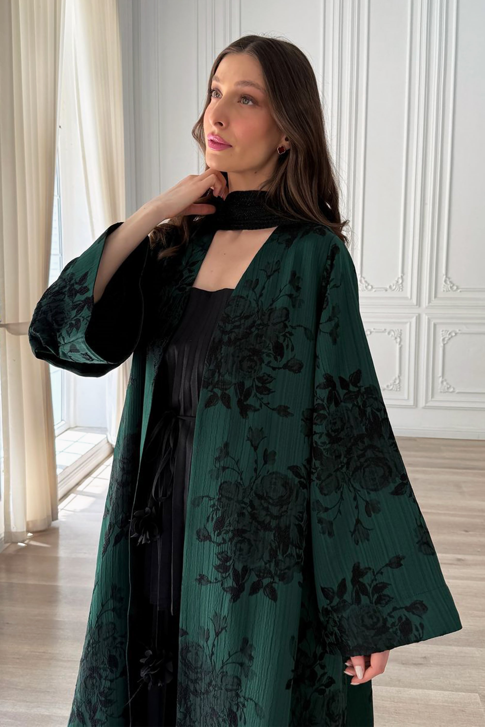 Green Jacquard Rose Abaya by F.Lounge