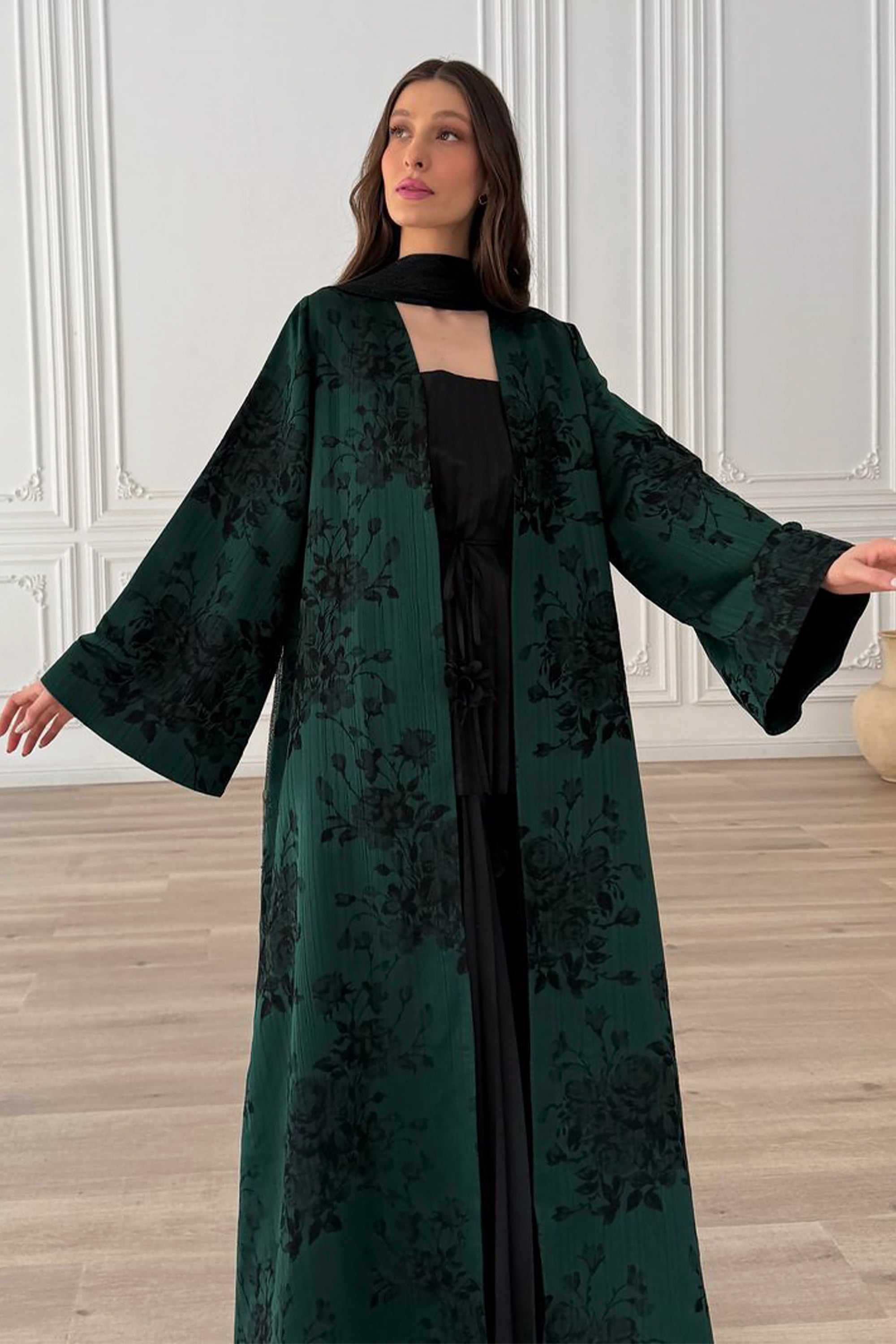 Green Jacquard Rose Abaya by F.Lounge