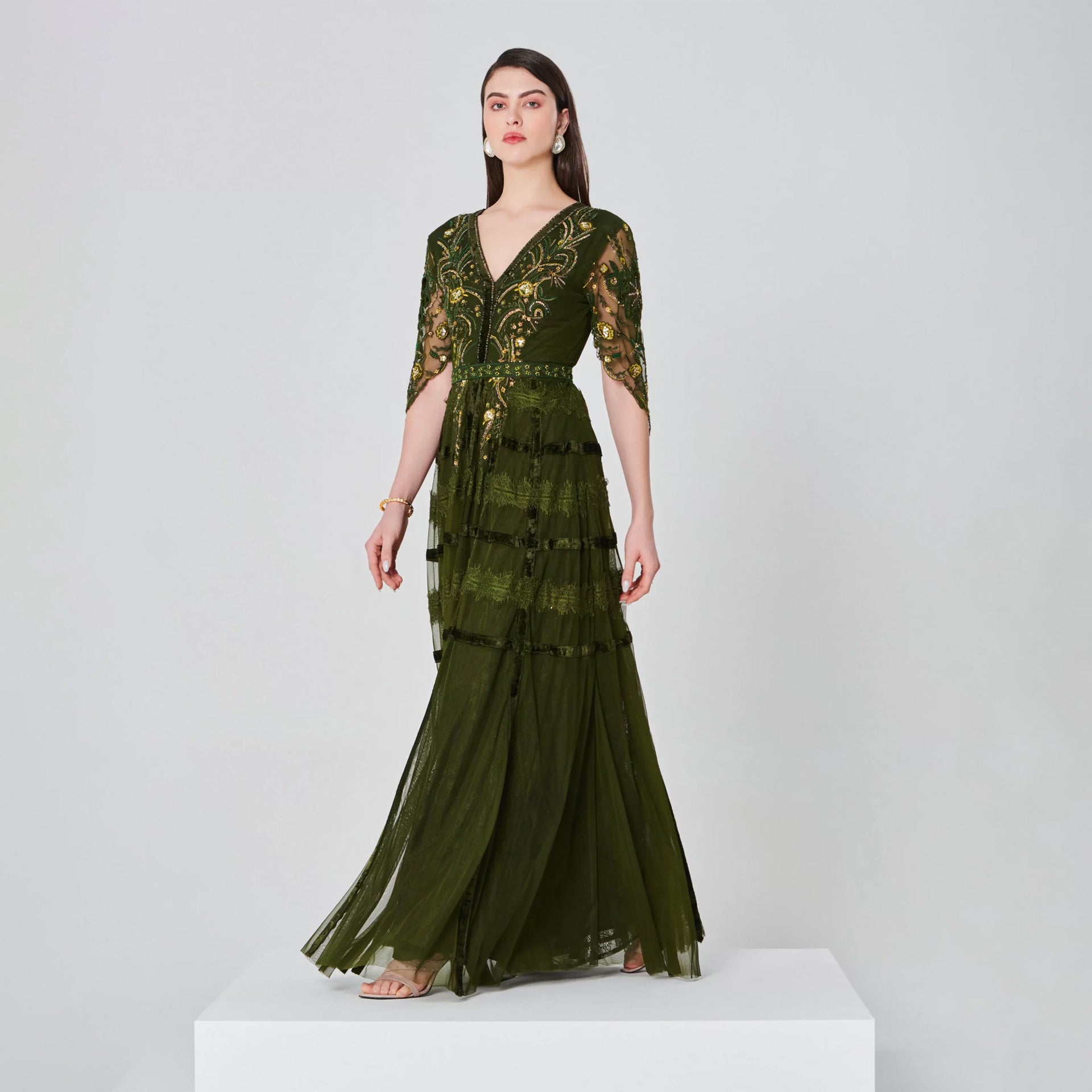 Olive Green Tulip Dress With Short Sleeves And Gold Embroidery From Shalky