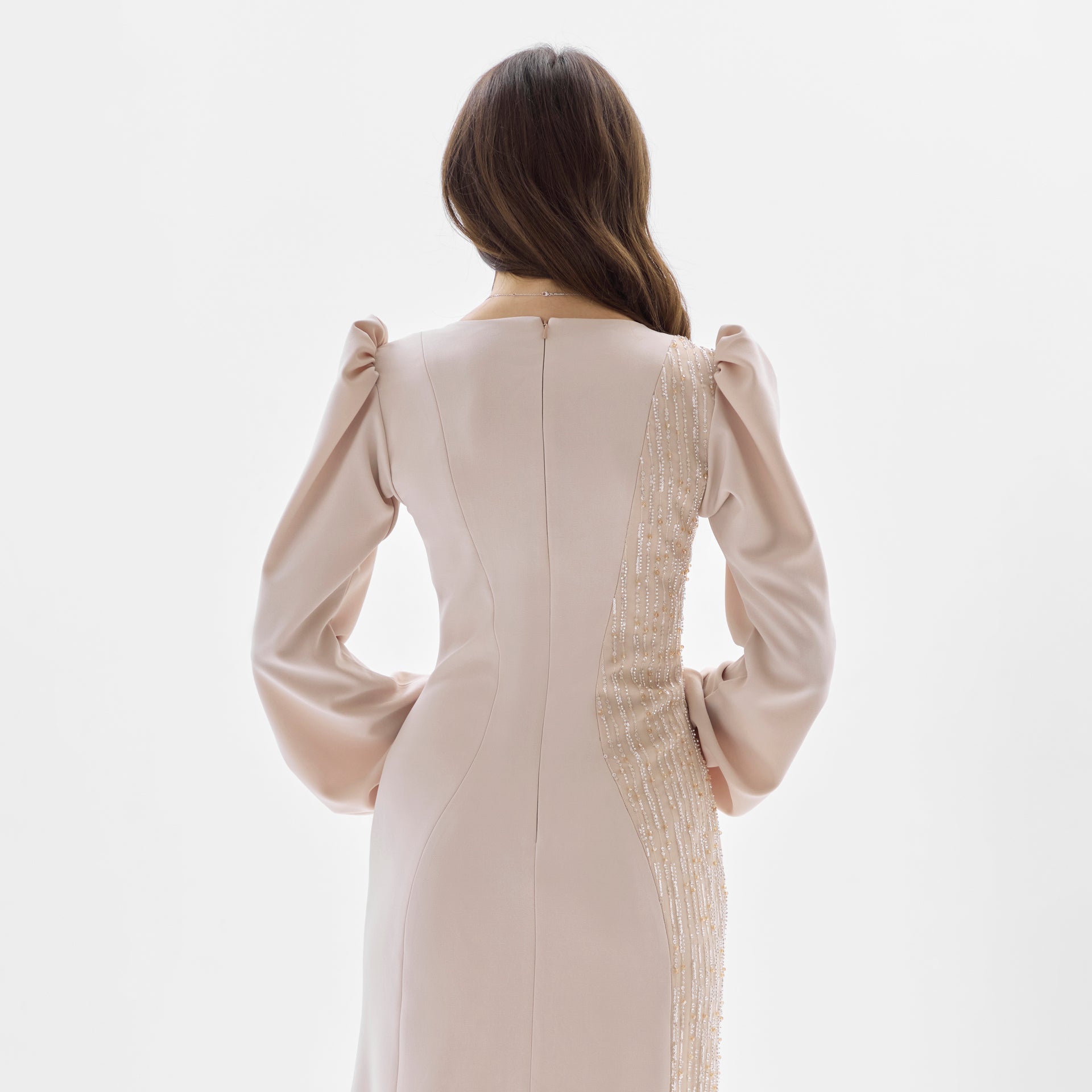 Beige Luxe Crepe Dress with Crystal Embroidery By Armoire