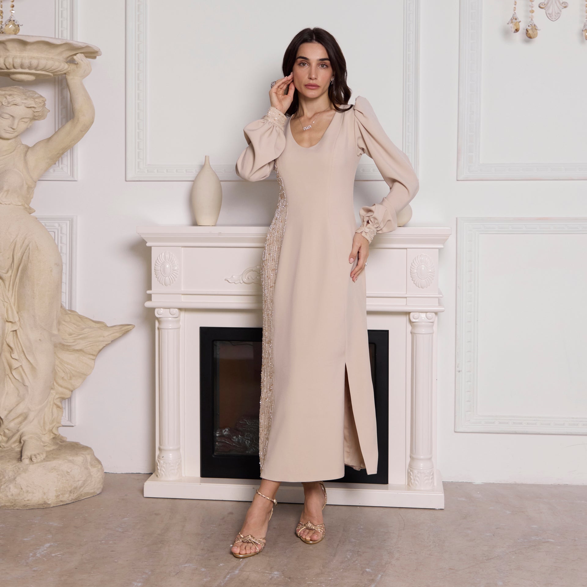 Beige Luxe Crepe Dress with Crystal Embroidery By Armoire