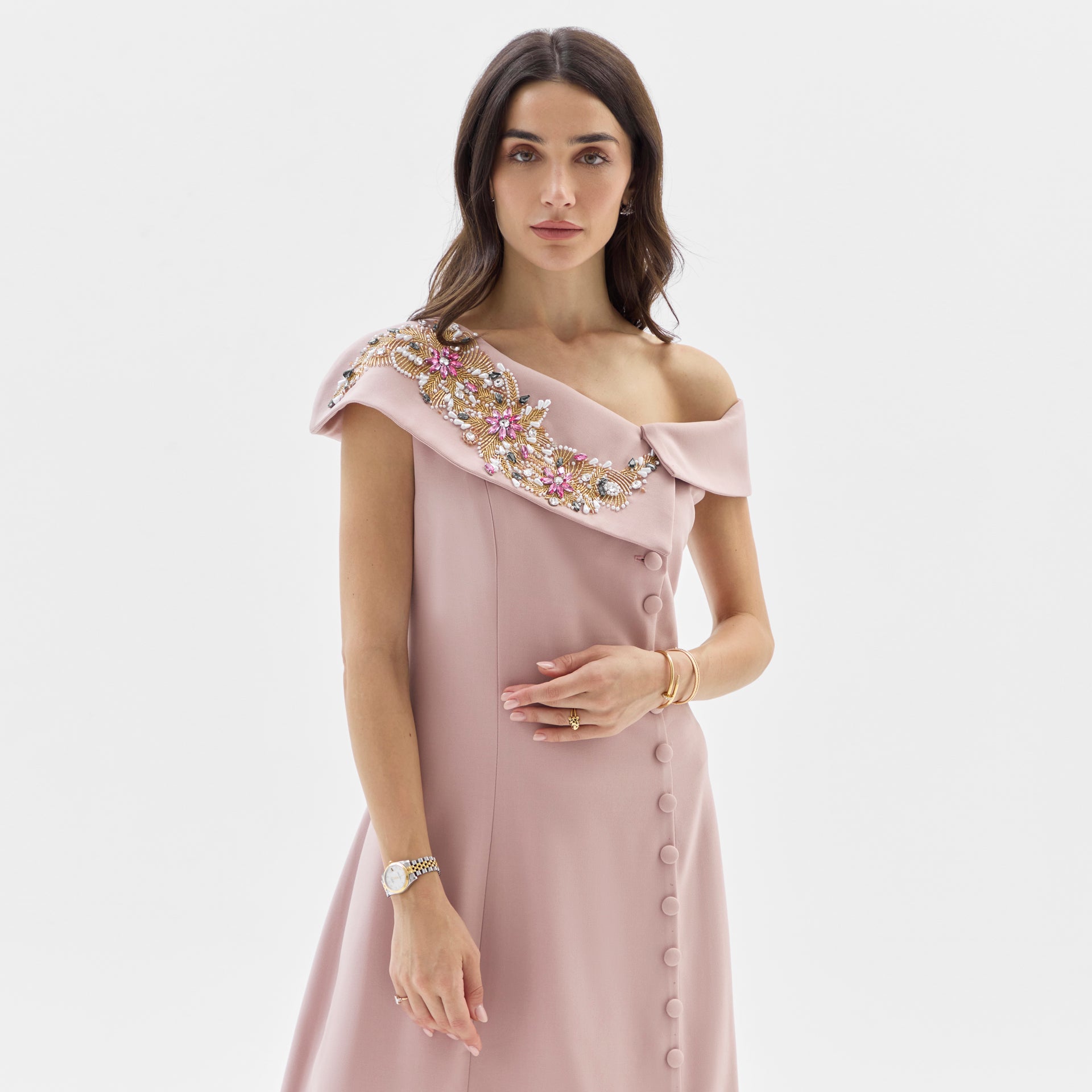 Pink Luxurious Crepe Dress with Tafta Flowers and Pearl Embellishments By Armoire