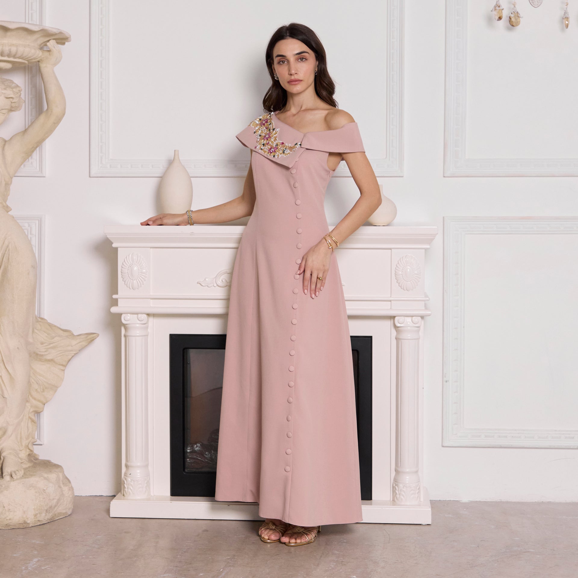 Pink Luxurious Crepe Dress with Tafta Flowers and Pearl Embellishments By Armoire