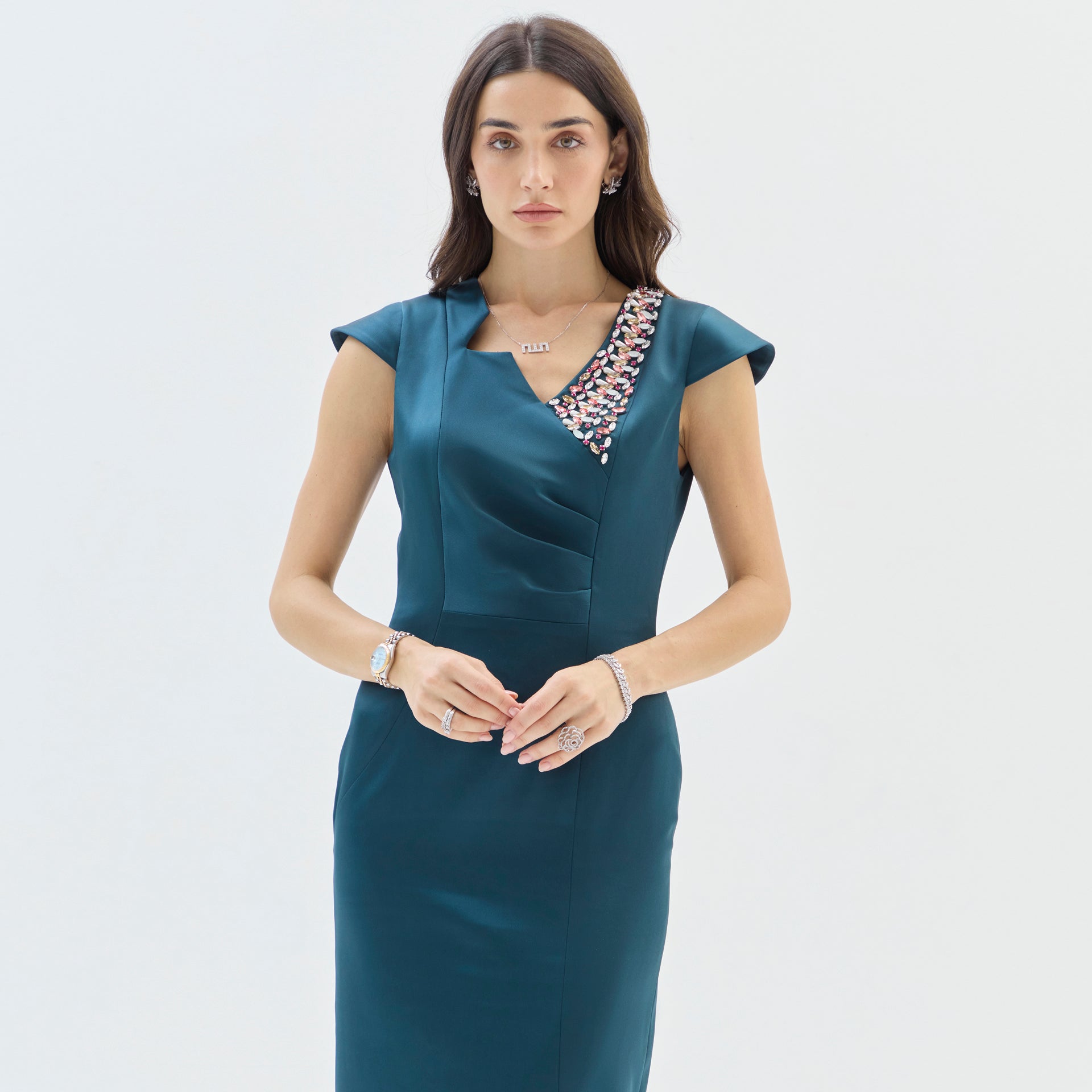 Navy Satin Crepe Dress with Cap Sleeves & Embroidery By Armoire