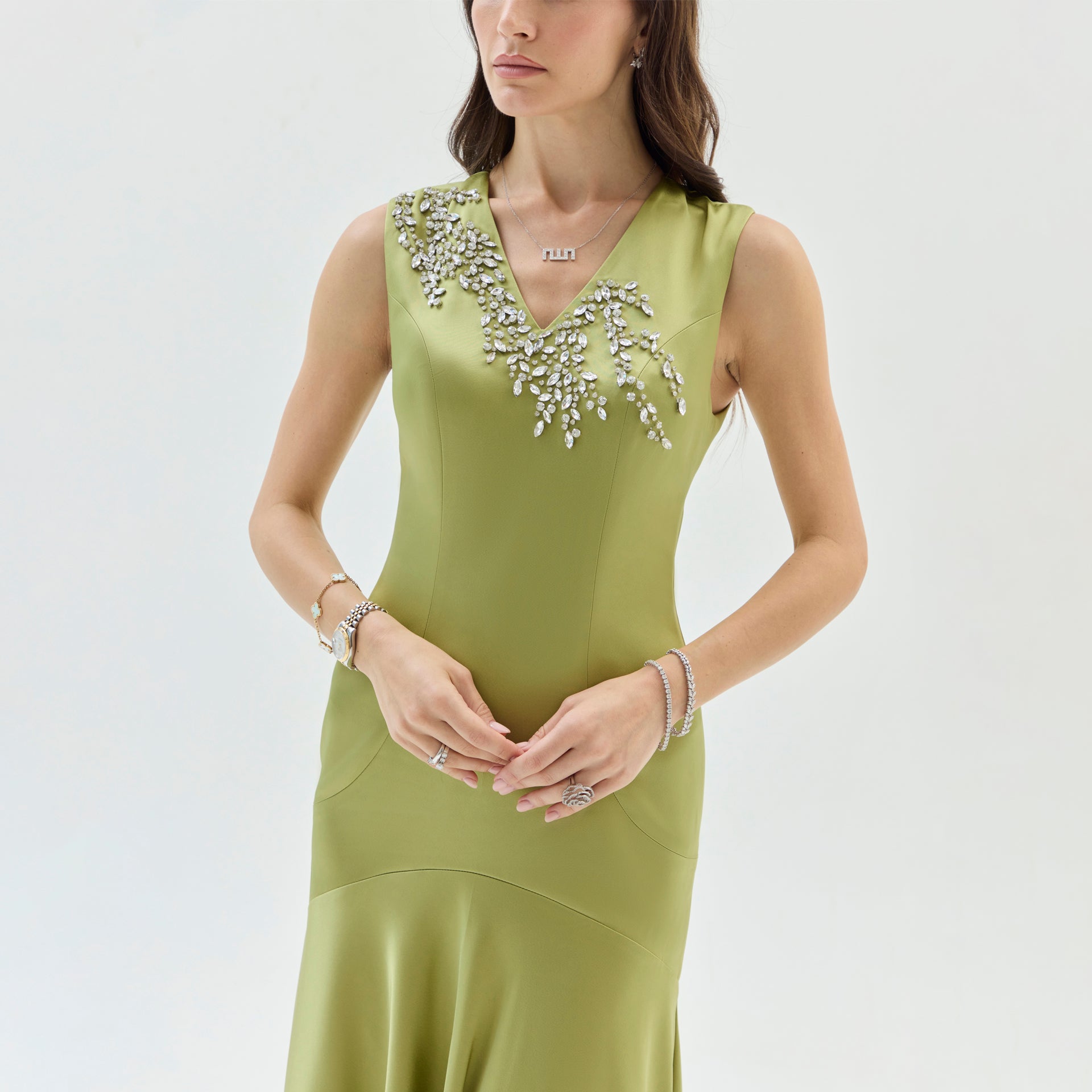 Green Satin Dress with Embroidery By Armoire