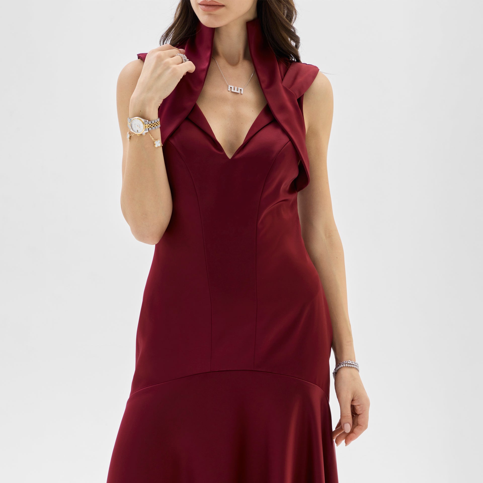 Maroon Satin Crepe Dress With Wide Skirt By Armoire