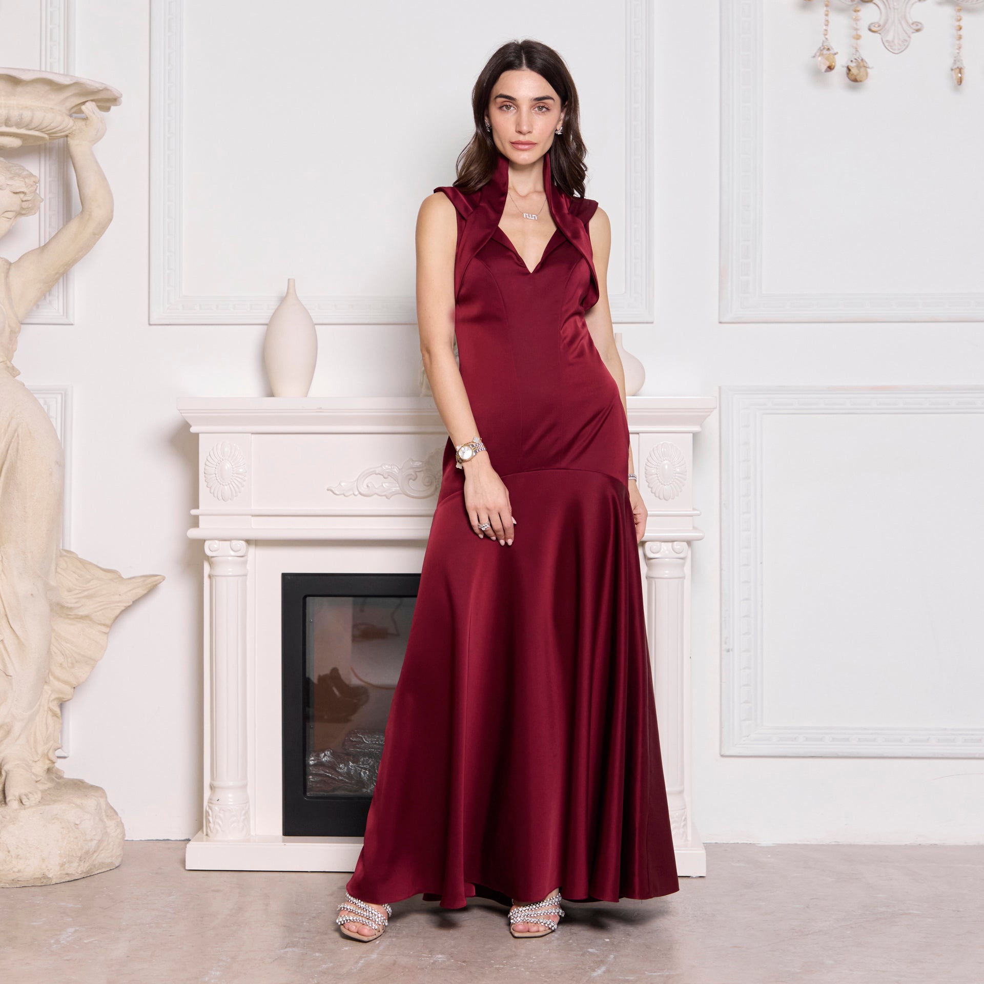 Maroon Satin Crepe Dress With Wide Skirt By Armoire