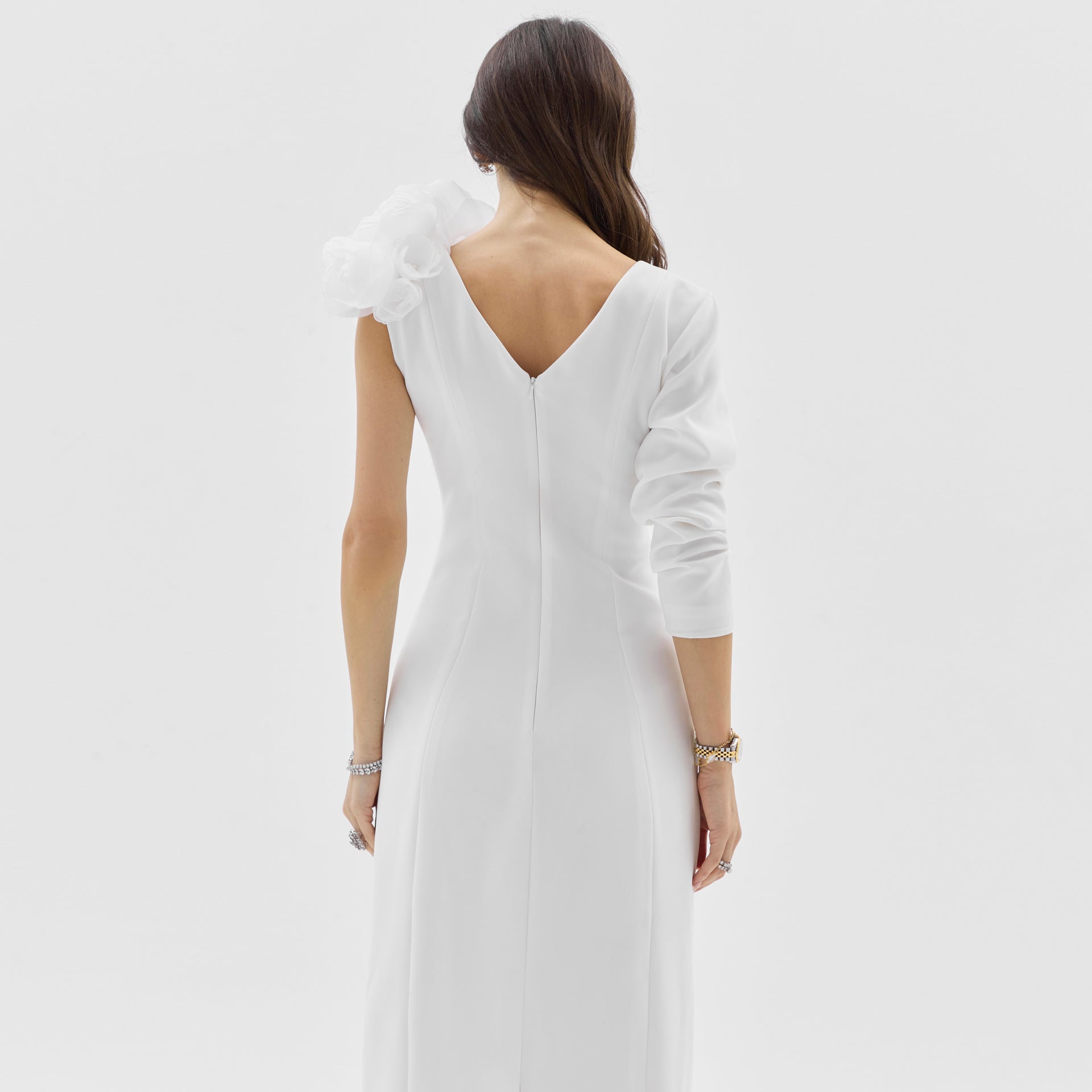White Crepe One-Sleeve Dress With Organza Flowers & Pearls By Armoire