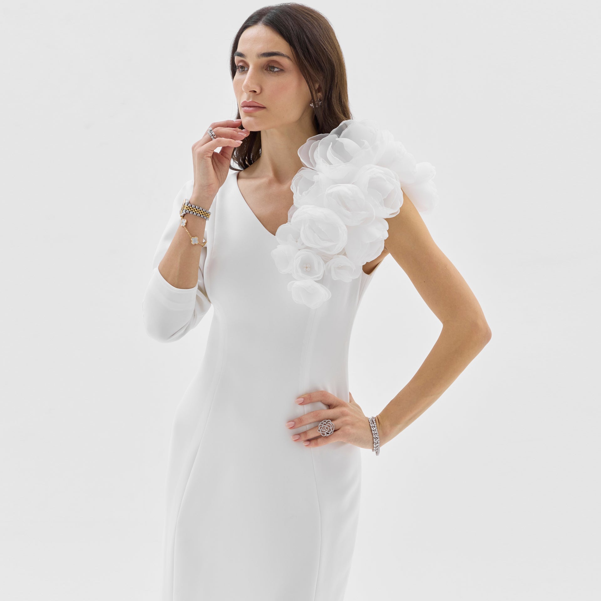 White Crepe One-Sleeve Dress With Organza Flowers & Pearls By Armoire