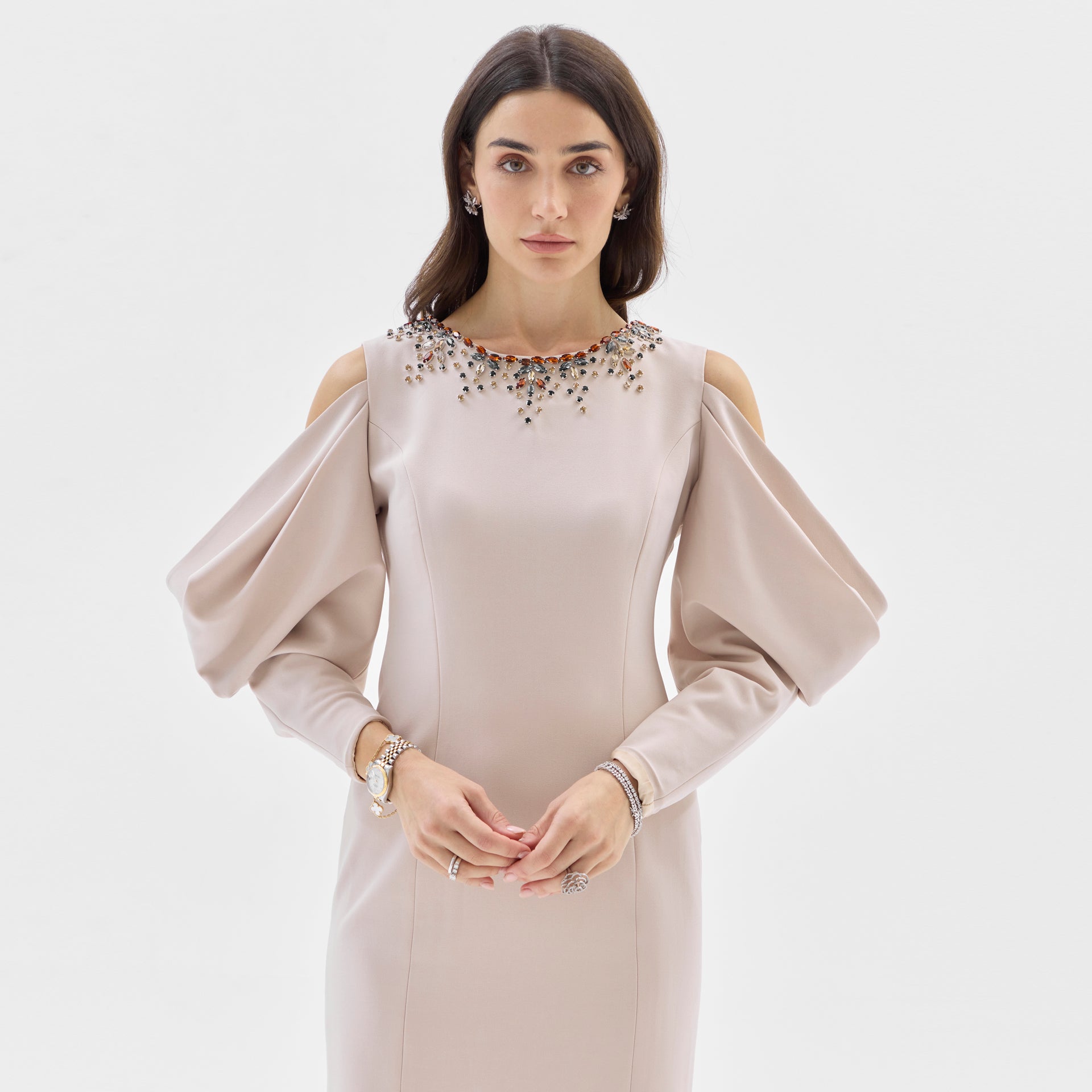 Beige Luxe Crepe Dress with Handcrafted Beads & Embroidery By Armoire