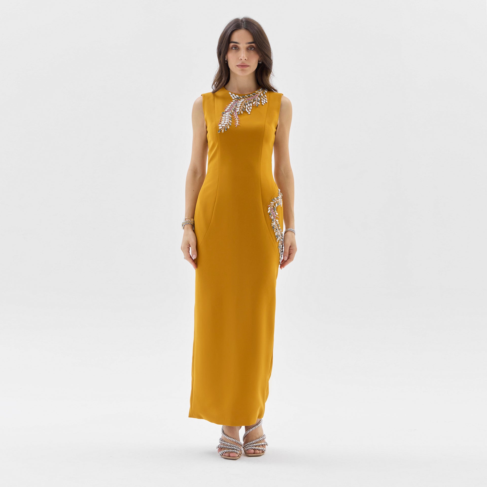 Yellow Luxe Crepe Sleeveless Dress with Embroidery By Armoire