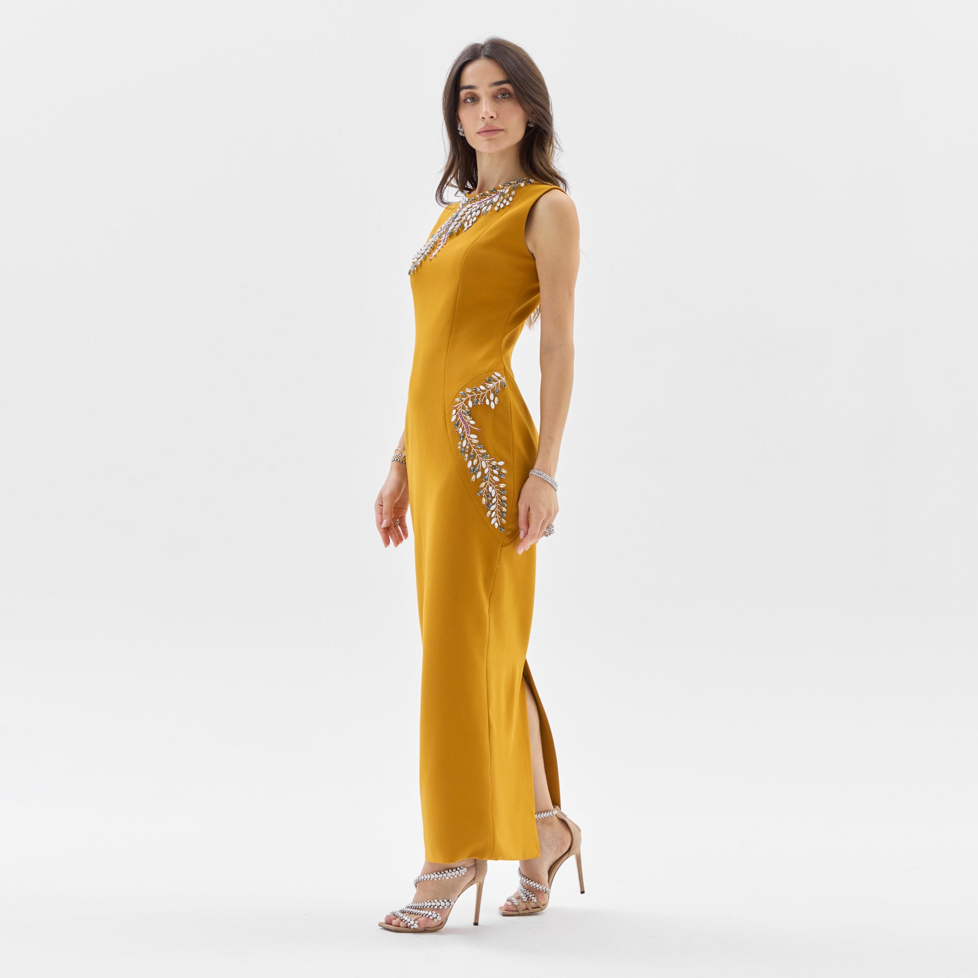 Yellow Luxe Crepe Sleeveless Dress with Embroidery By Armoire