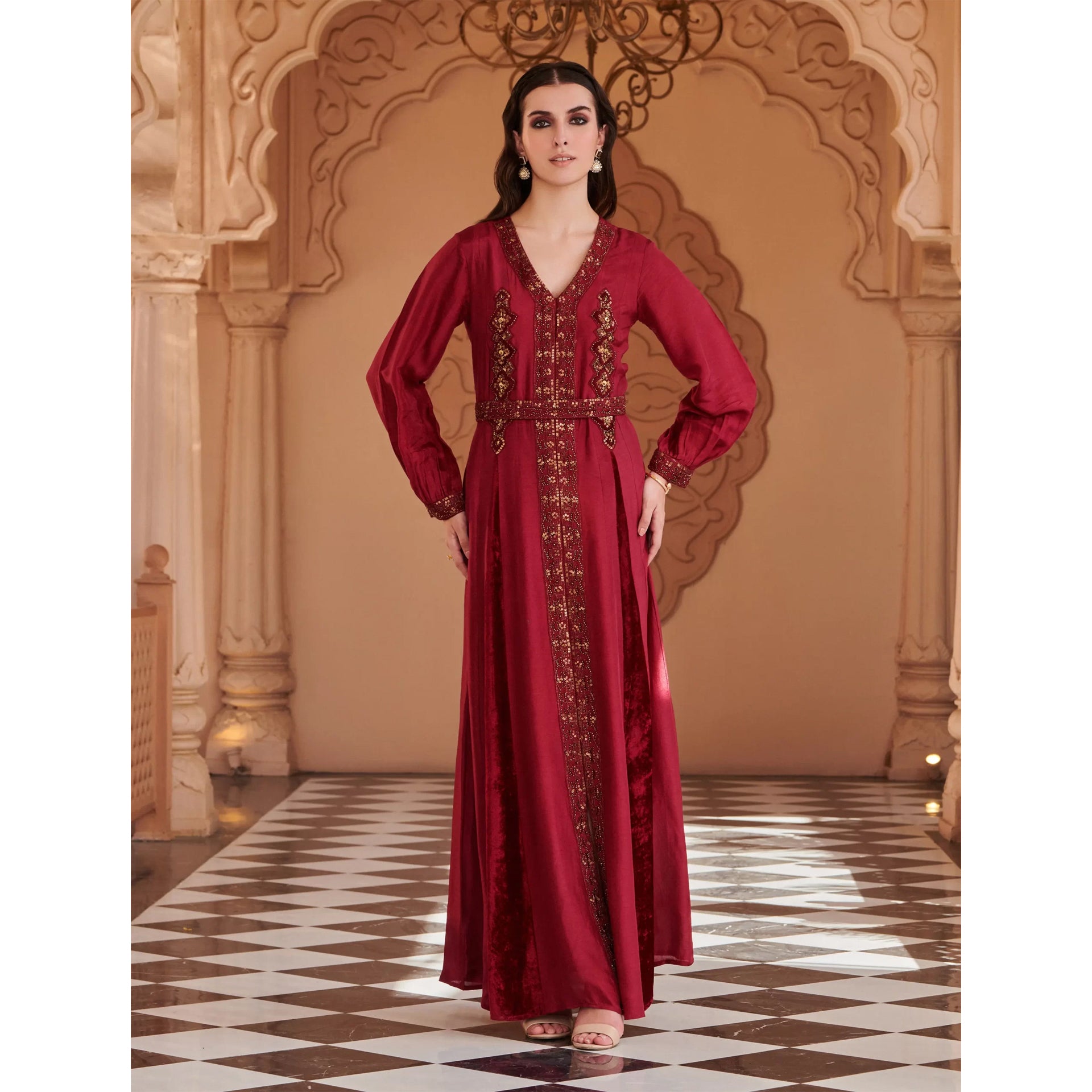 Burgundy Carmit Dress with Long Sleeves and Gold Embroidery From Shalky
