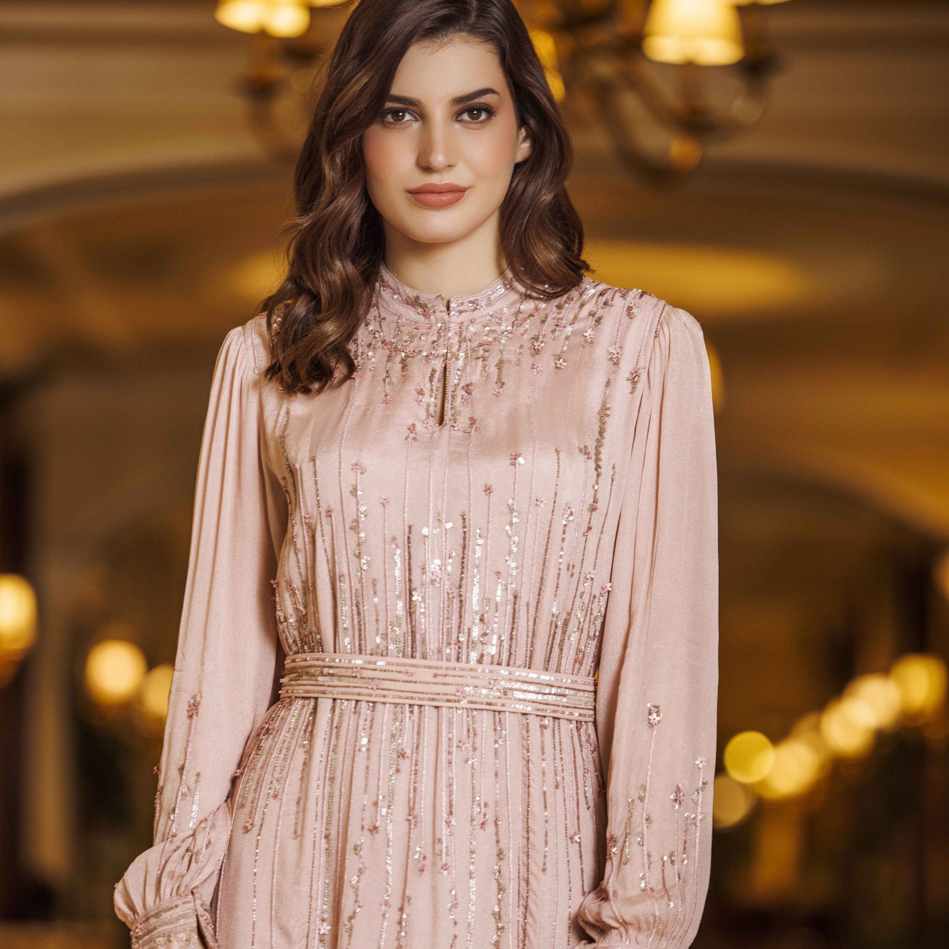 Pink Kalinga Dress With Long Sleeves And Silver Embroidery From Shalky