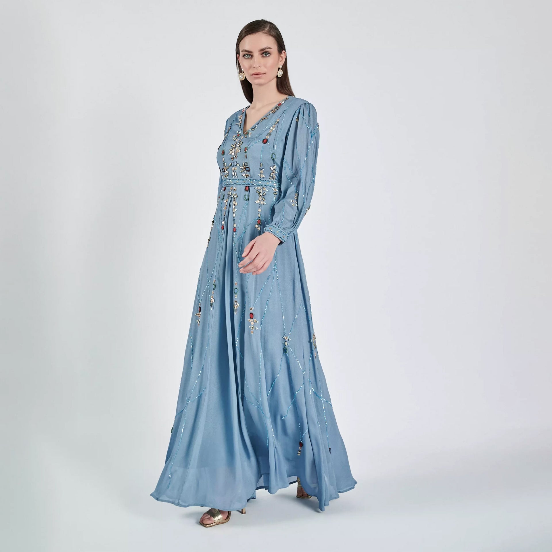 Sky Blue Crepe Dalin Dress with Long Sleeves