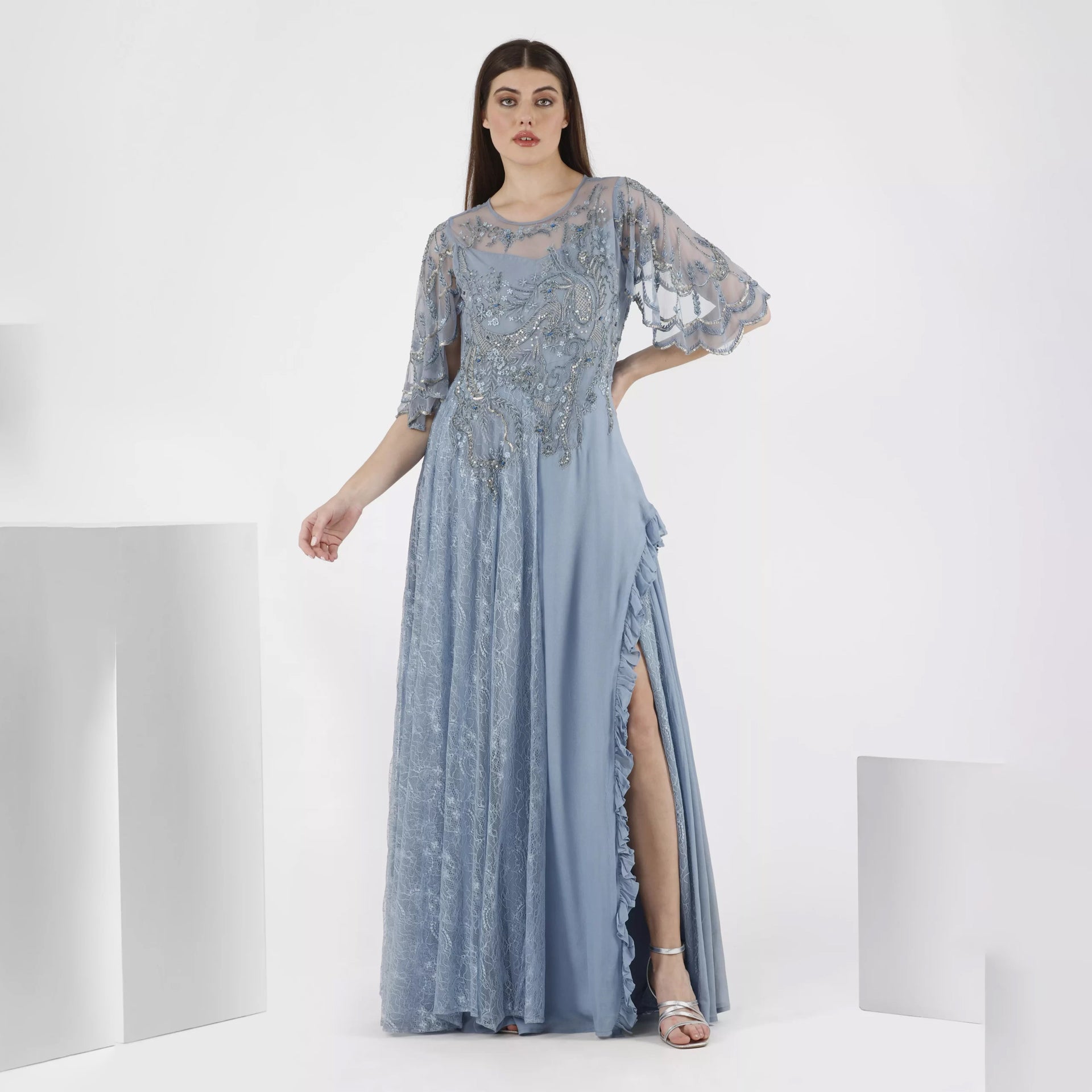 Blue Dress With Short Slevees And Silver Embroidery From Shalky