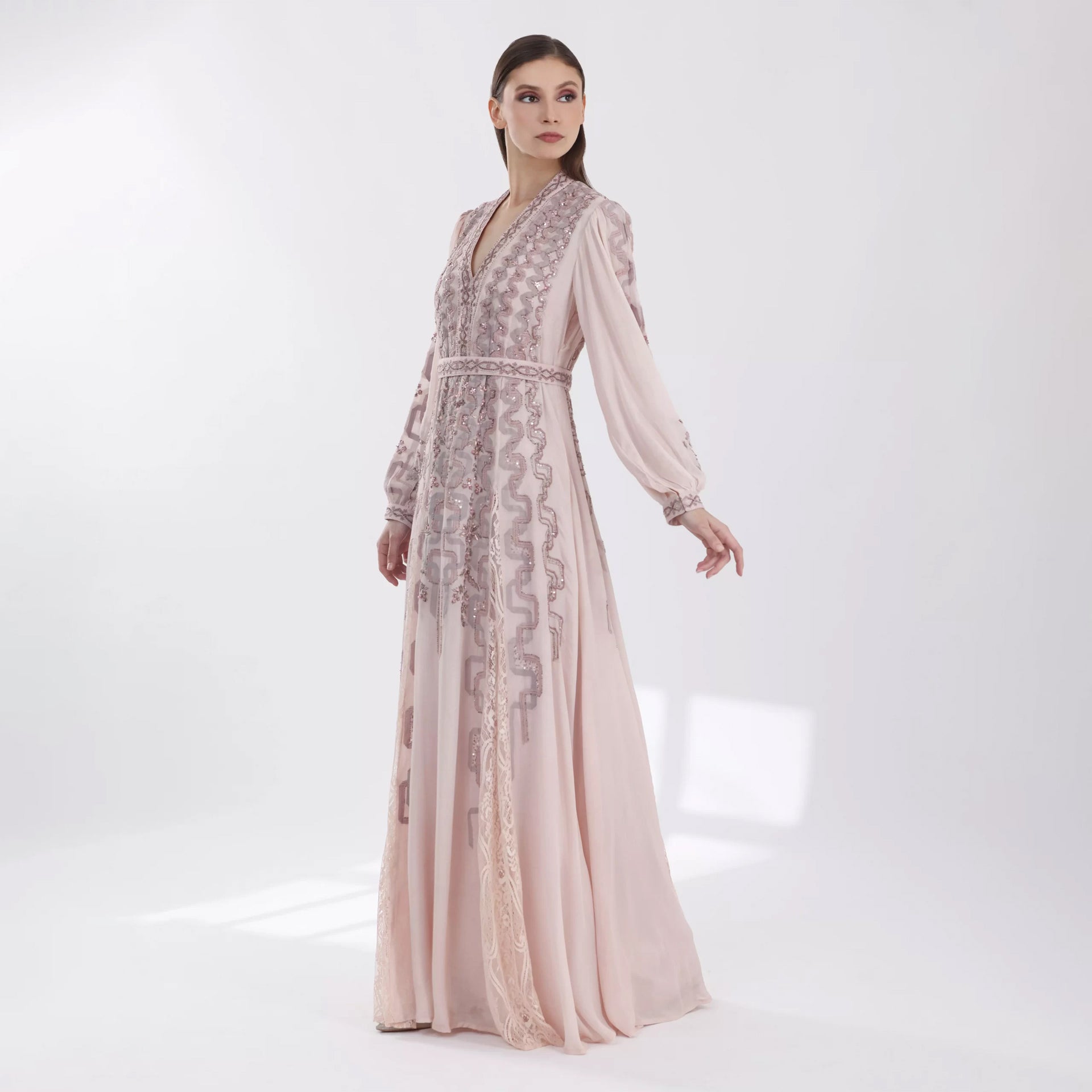Beige Crepe Embroidery Aria Dress with Long Sleeves From Shalky
