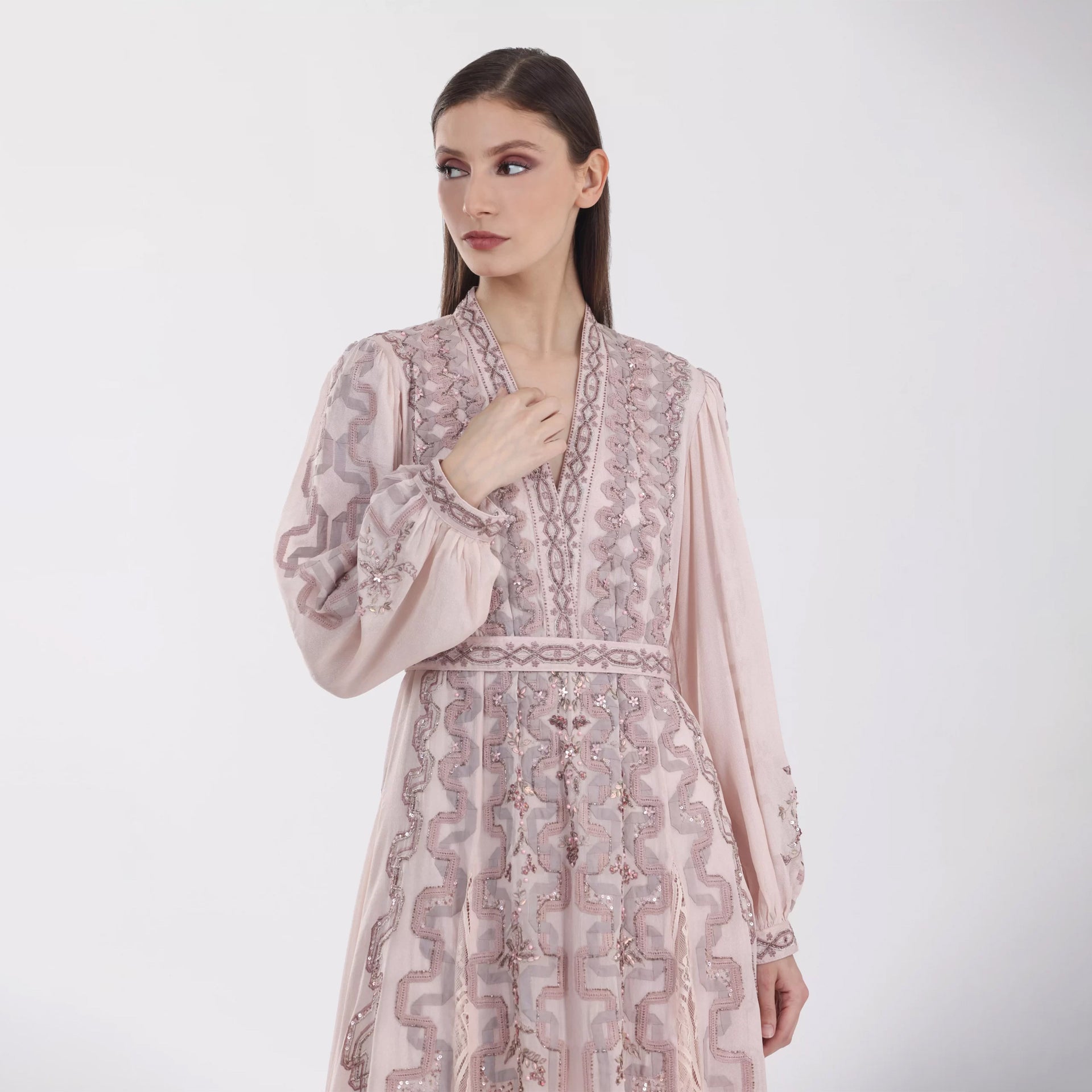 Beige Crepe Embroidery Aria Dress with Long Sleeves From Shalky