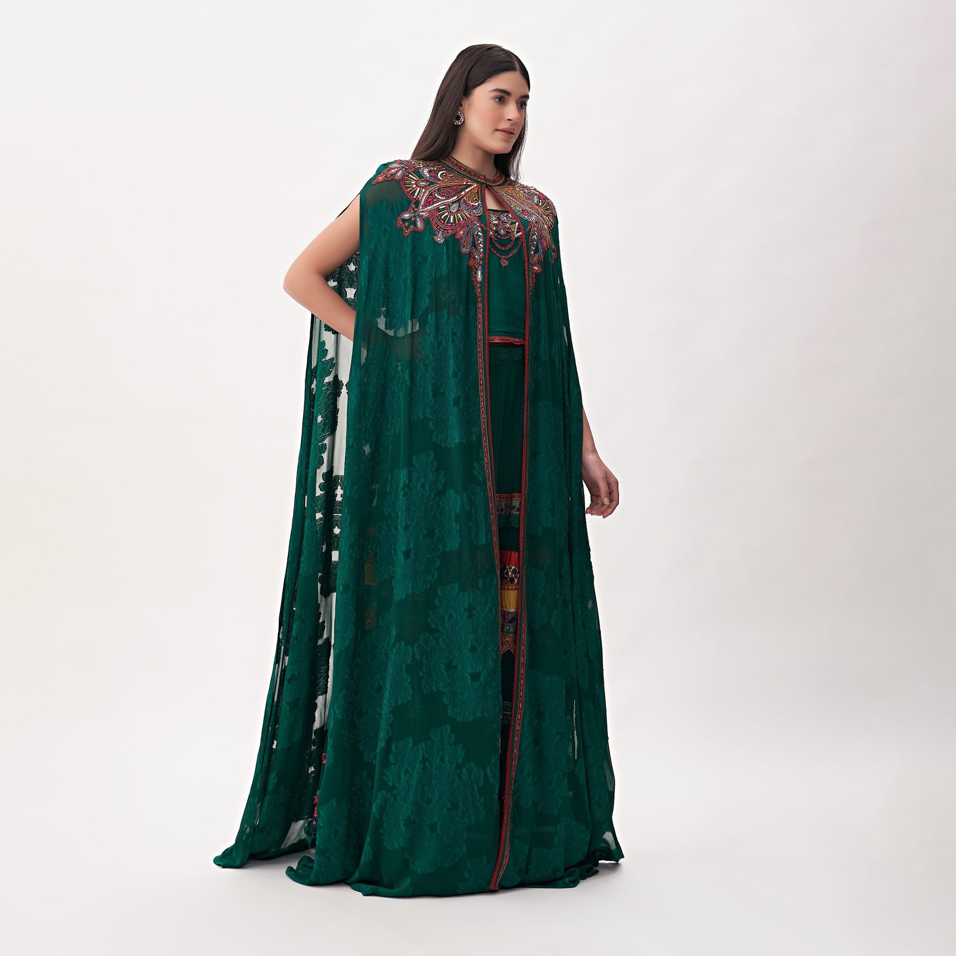 Green Embroidery Sleeveless Rustella Dress With Cape From Shalky