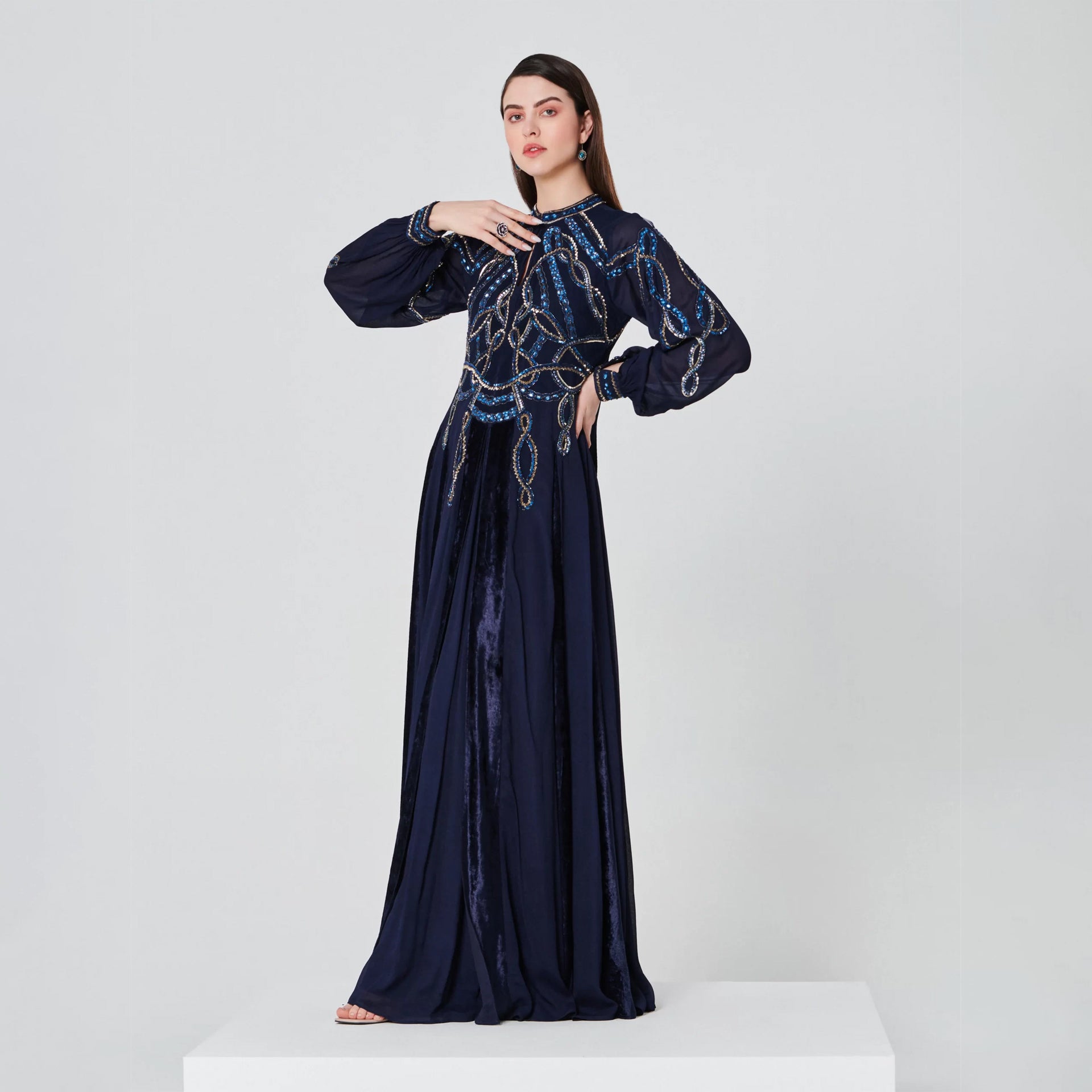 Navy Crepe Dress With Long Sleeves And Blue Embroidery From Shalky