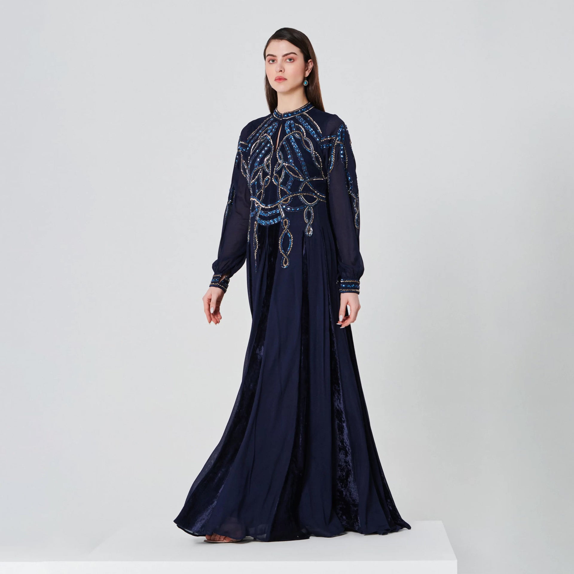 Navy Crepe Dress With Long Sleeves And Blue Embroidery From Shalky