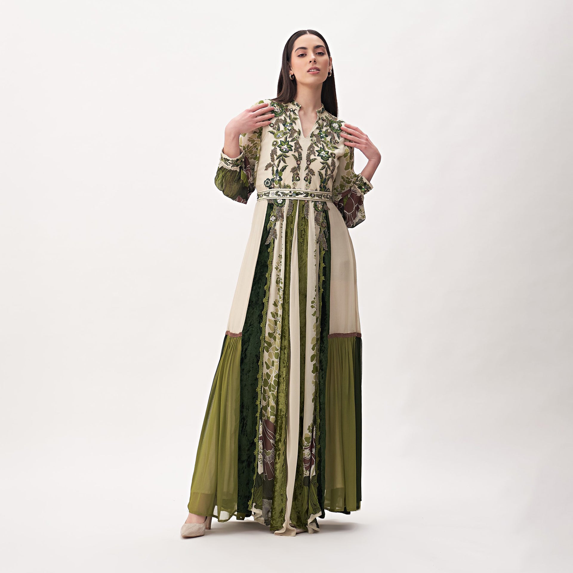 Beige And Olive Green Embroidery Rosetta Dress With Long Sleeves From Shalky