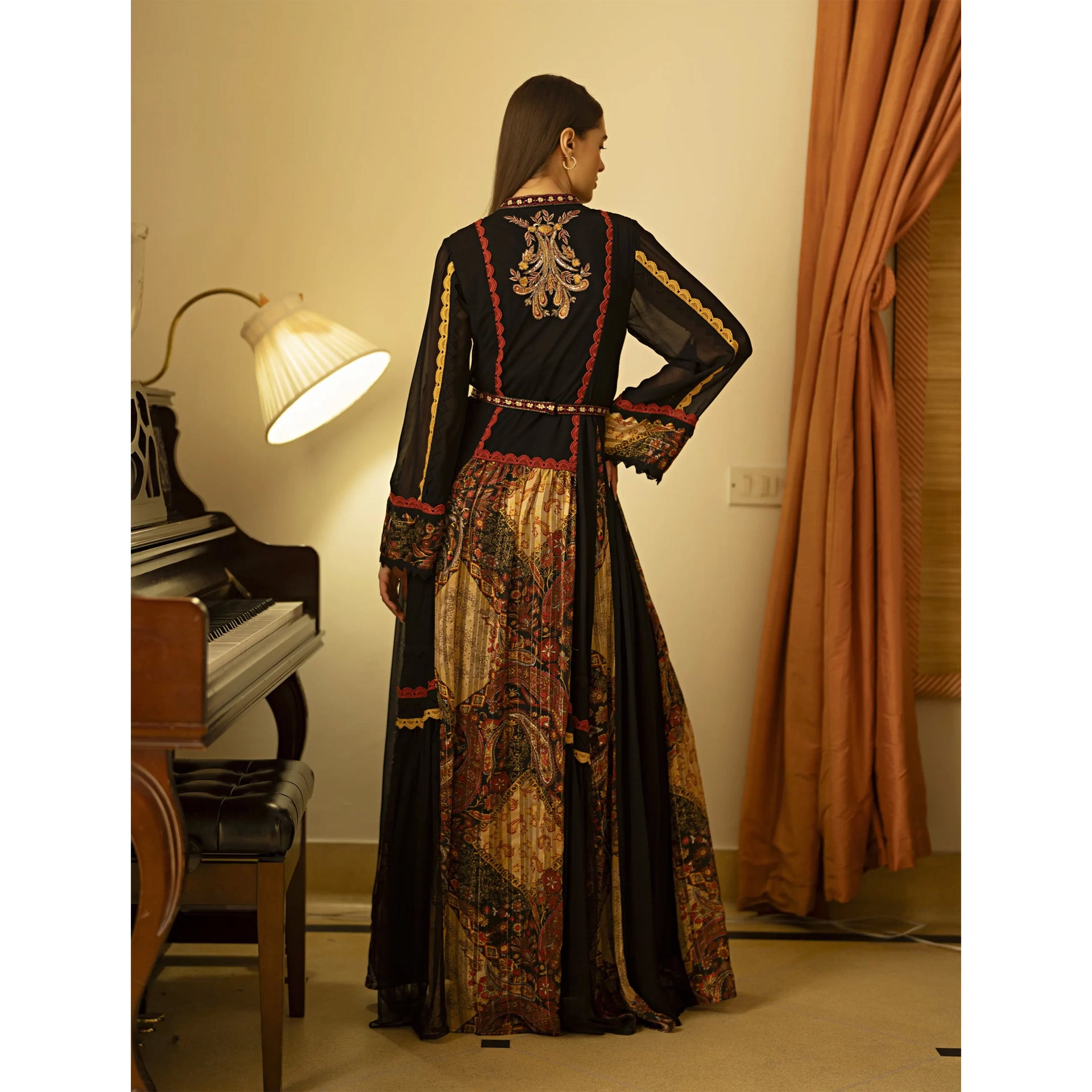 Black Embroidery Eozal Dress with Long Sleeves And Mixed Material From Shalky