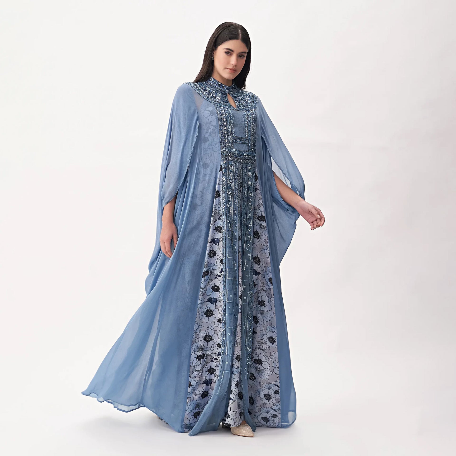 Light Blue Adele Dress with Silver Embroidery and Cape From Shalky