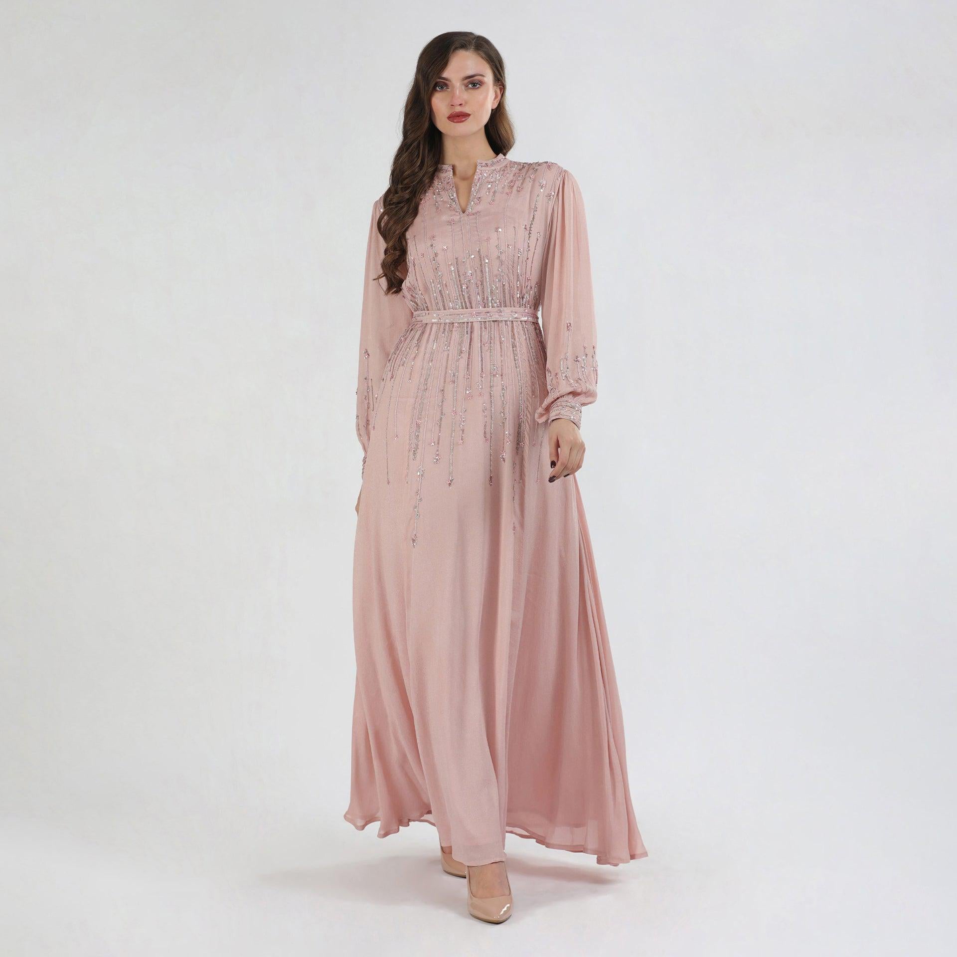 Pink Kalinga Dress With Long Sleeves And Silver Embroidery From Shalky