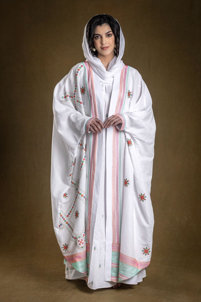 White Marjana Abaya with Embroidery From Amore Mio By Hitu