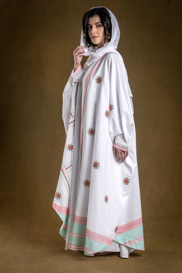 White Marjana Abaya with Embroidery From Amore Mio By Hitu