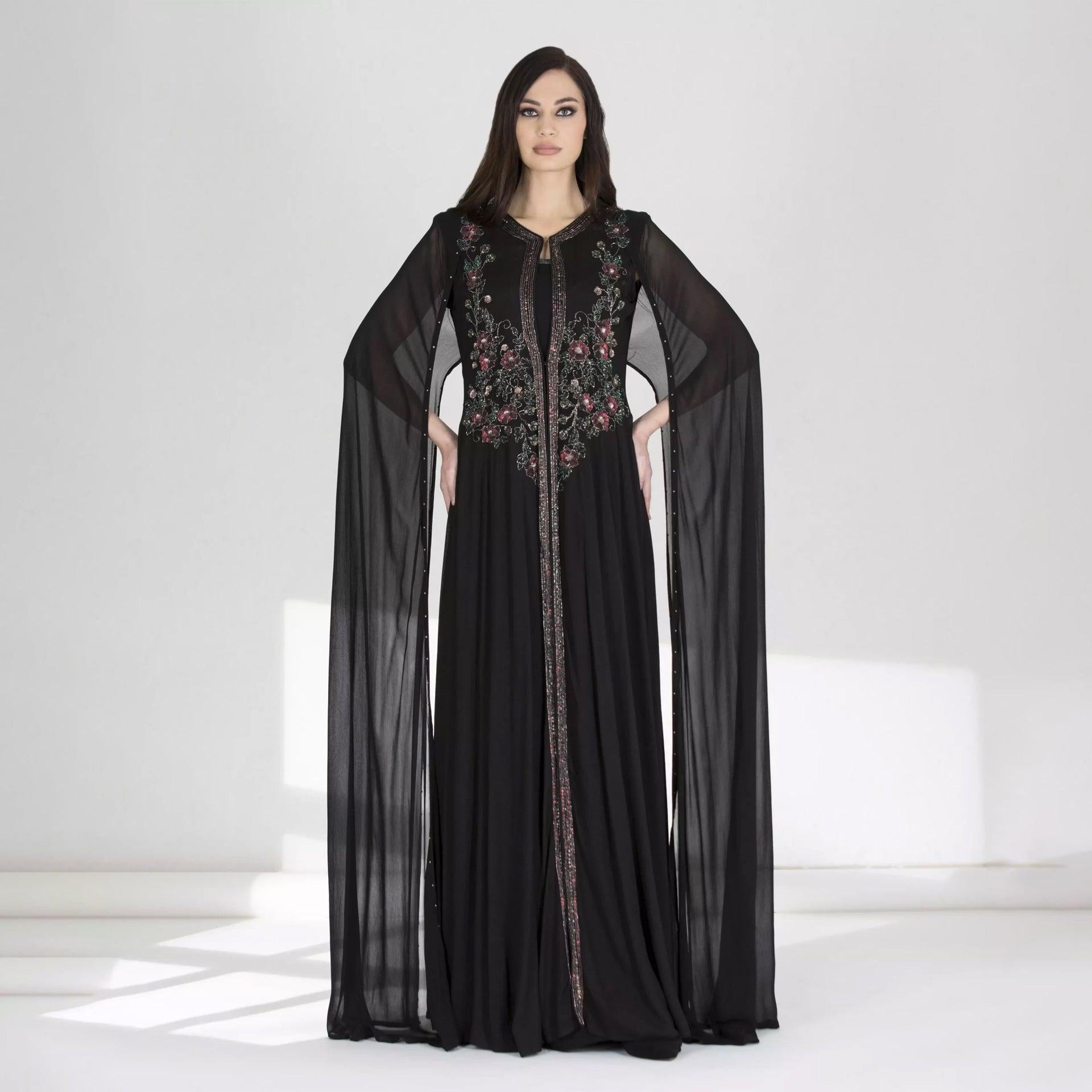 Black Embroidery Sleeveless Dress With Cape From Shalky