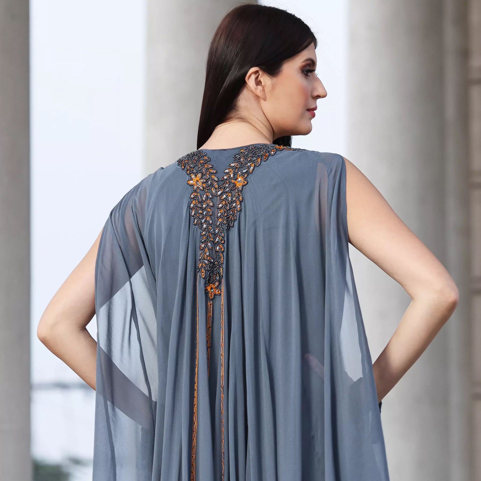 Gray Sleeveless Dress With Gold Embroidery From Shalky