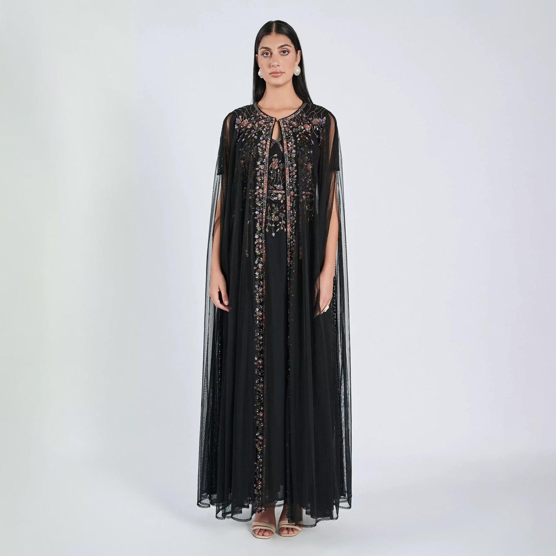 Black Embroidery Sleeveless Dress with Chiffon Cape From Shalky