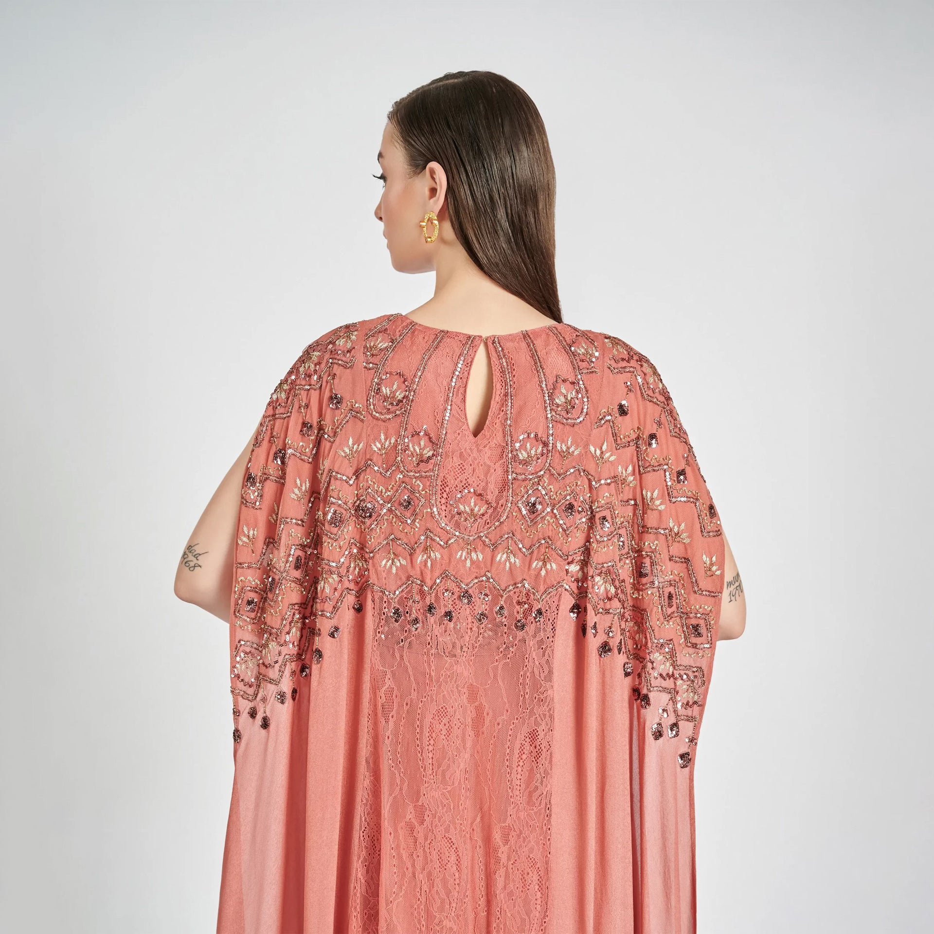Coral Dress With Silver Embroidery From Shalky