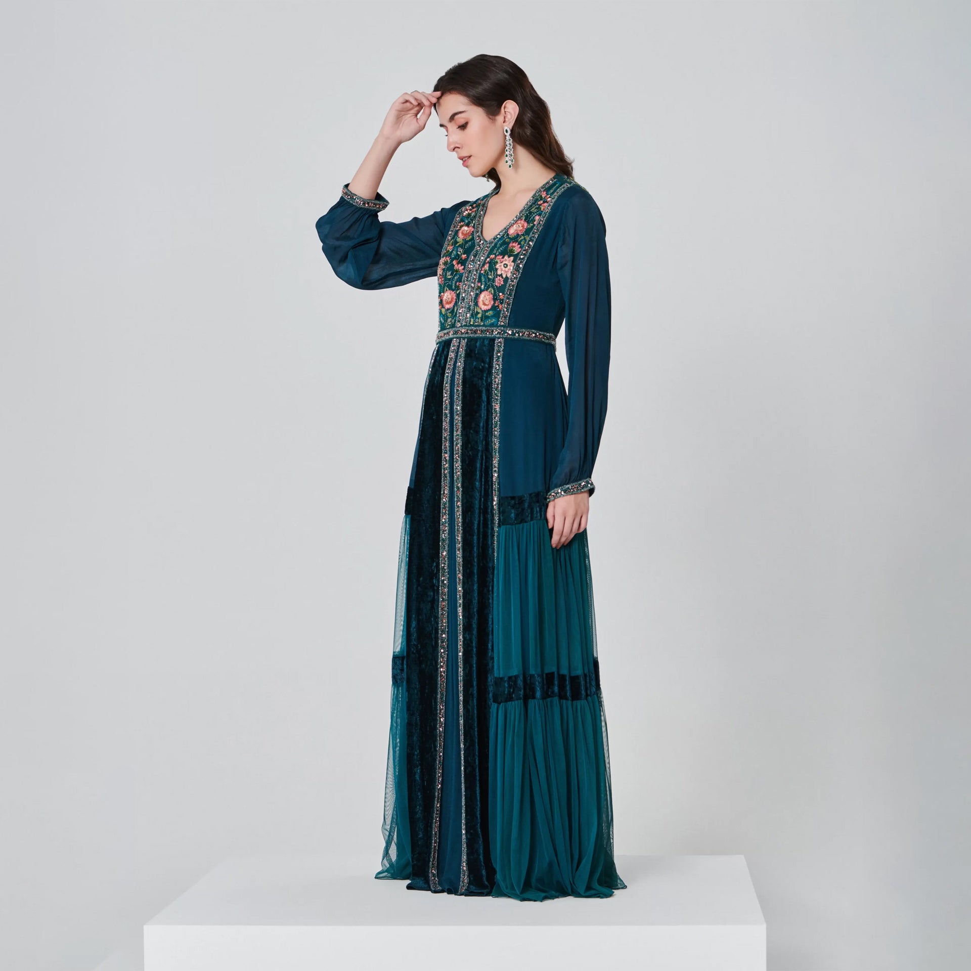 Petrol Crepe and Chiffon Embroidery Katrina Dress with Long Sleeves From Shalky